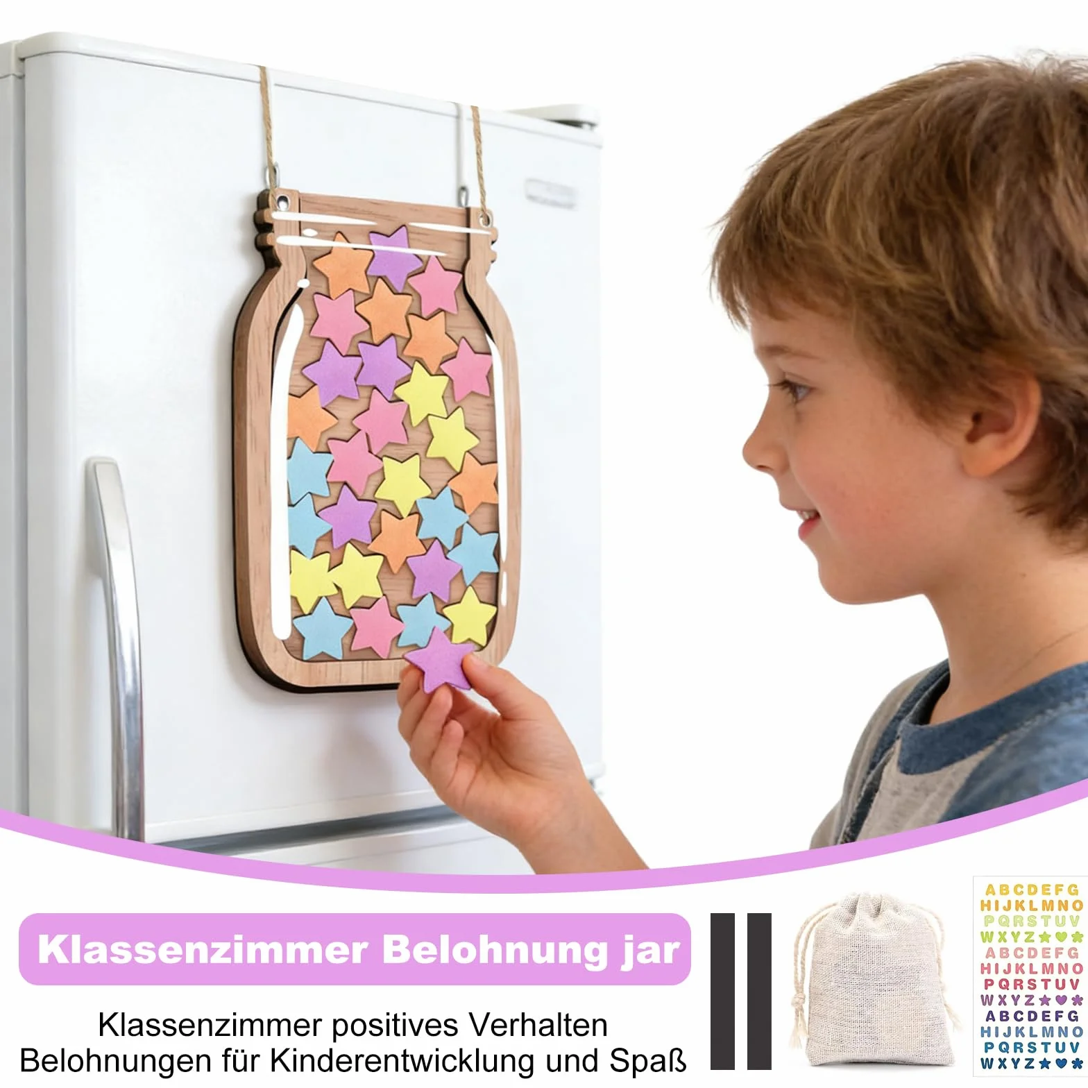 Tablica nagród z magnesami dla dzieci, system nagród dla dzieci z gwiazdkami, z liną do zawieszenia i uchwytem, tablica nagród dla dzieci z drewna dla pozytywnego wzmocnienia w domu i szkole
