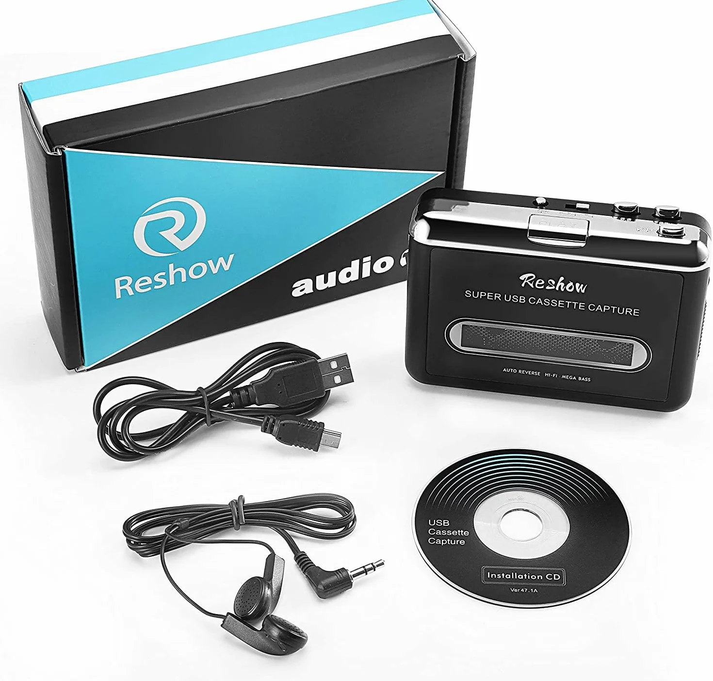 Reshow Przenośny odtwarzacz kasetowy nagrywanie MP3 USB konwersja kaset na MP3 Czarny