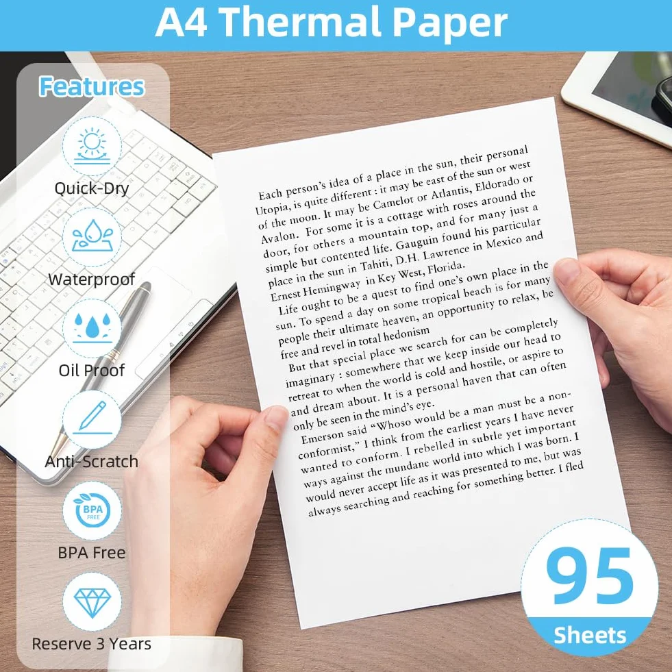 OSDUE Papier termiczny A4-210 x 297 mm, 95 arkuszy papieru do drukarek termicznych, szybkoschnący do kontraktów fotograficznych i rysunków, odpowiedni do większości drukarek termicznych A4, prosty