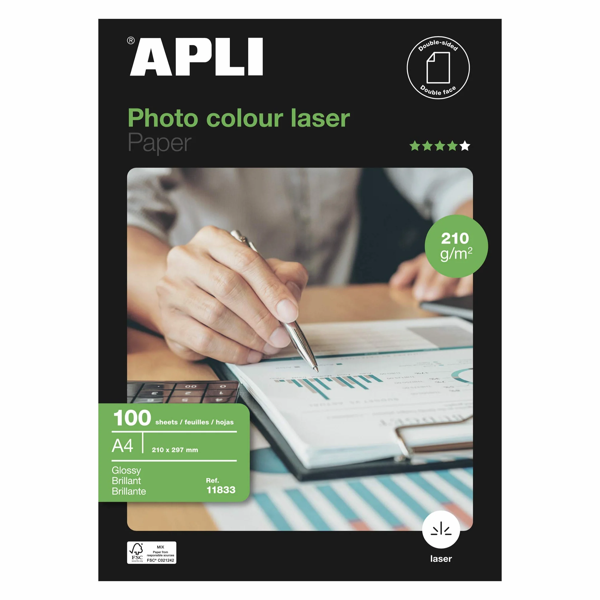 Apli papier laserowy błyszczący dwustronny 210 g/m² A4 ref 11833 [100 arkuszy]