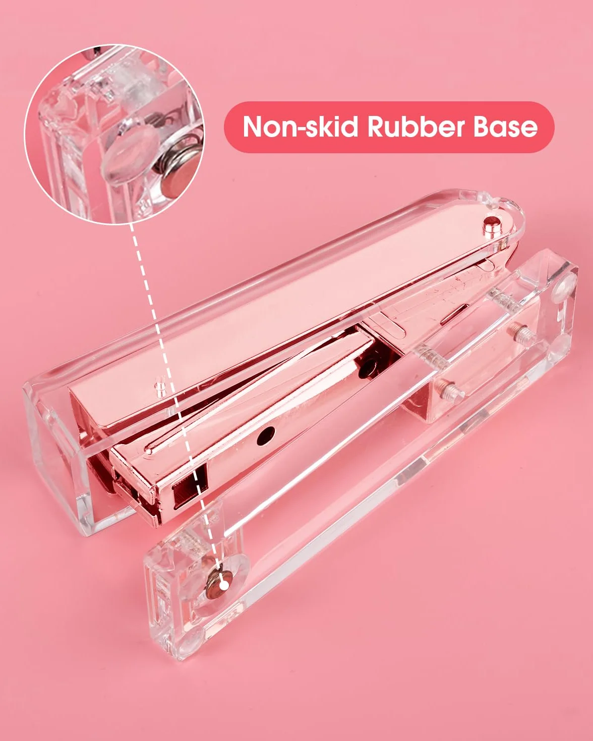 MSDADA Zszywacz biurowy, przezroczysty akrylowy zszywacz Easy Press, ergonomiczny design, nowoczesne akcesoria na biurko do domu, biura lub szkoły (różowe złoto)