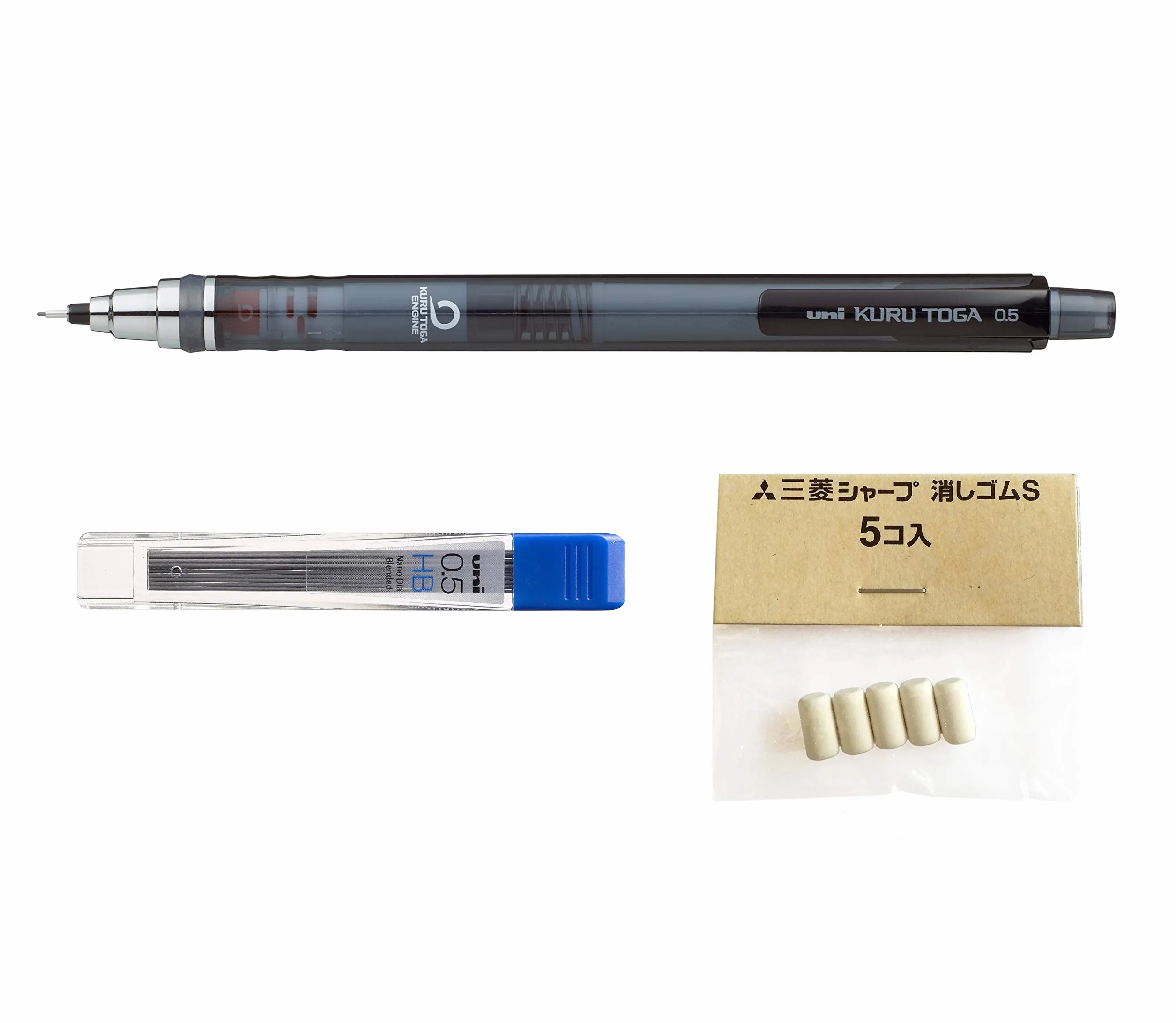 Uni Ball Kuru Toga 0.5mm - Self Sharpening Mechanical Pencil - Smoke Barrel - Single + 12 Free Leads and 5 Free Erasers