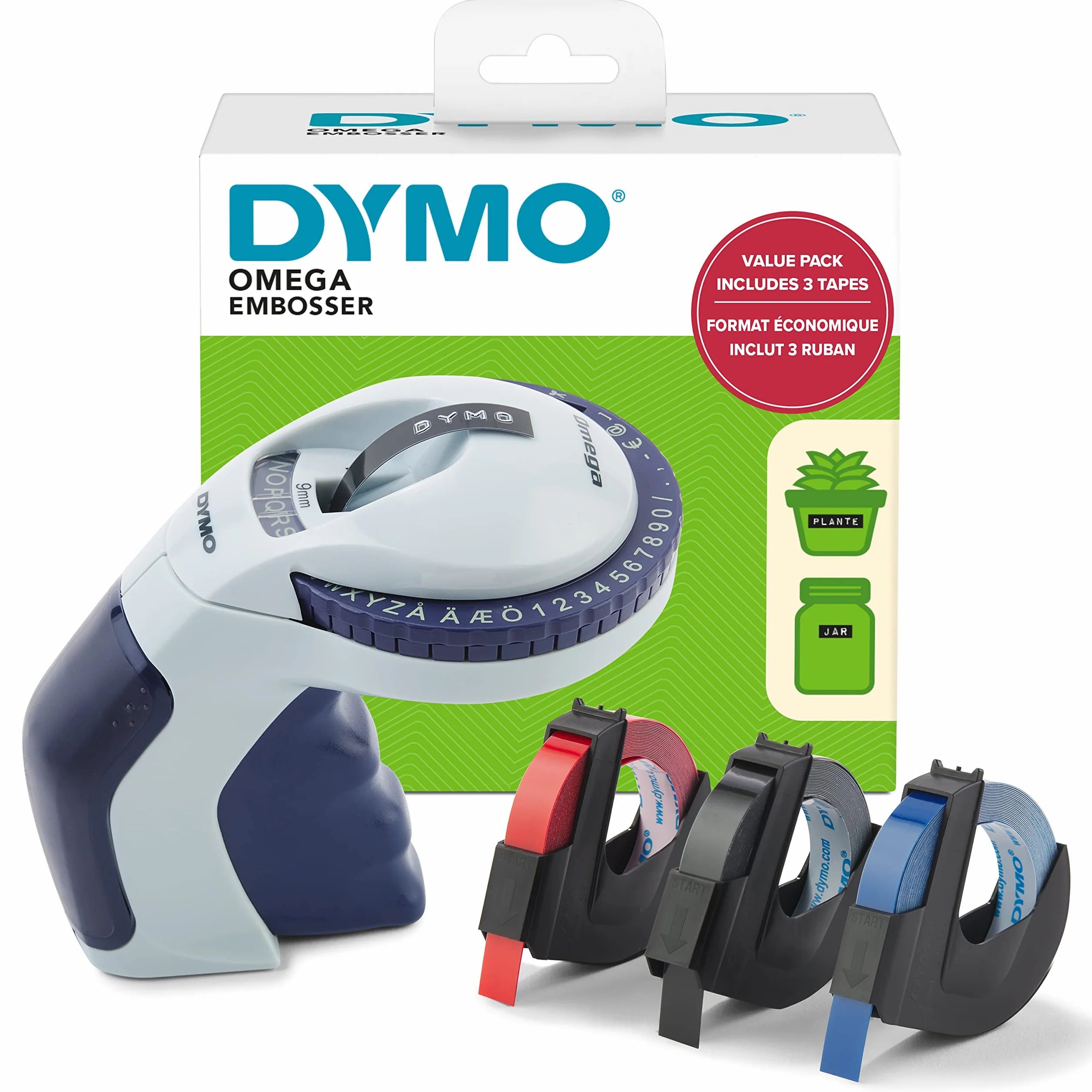 DYMO Maszyna do wytłaczania etykiet z 3 taśmami do etykiet, zestaw startowy Omega Label Maker | mały, ergonomiczny design z kółkiem obrotowym | do domu, majsterkowania i rękodzieła (€, Å, Ä, Æ i Ö)