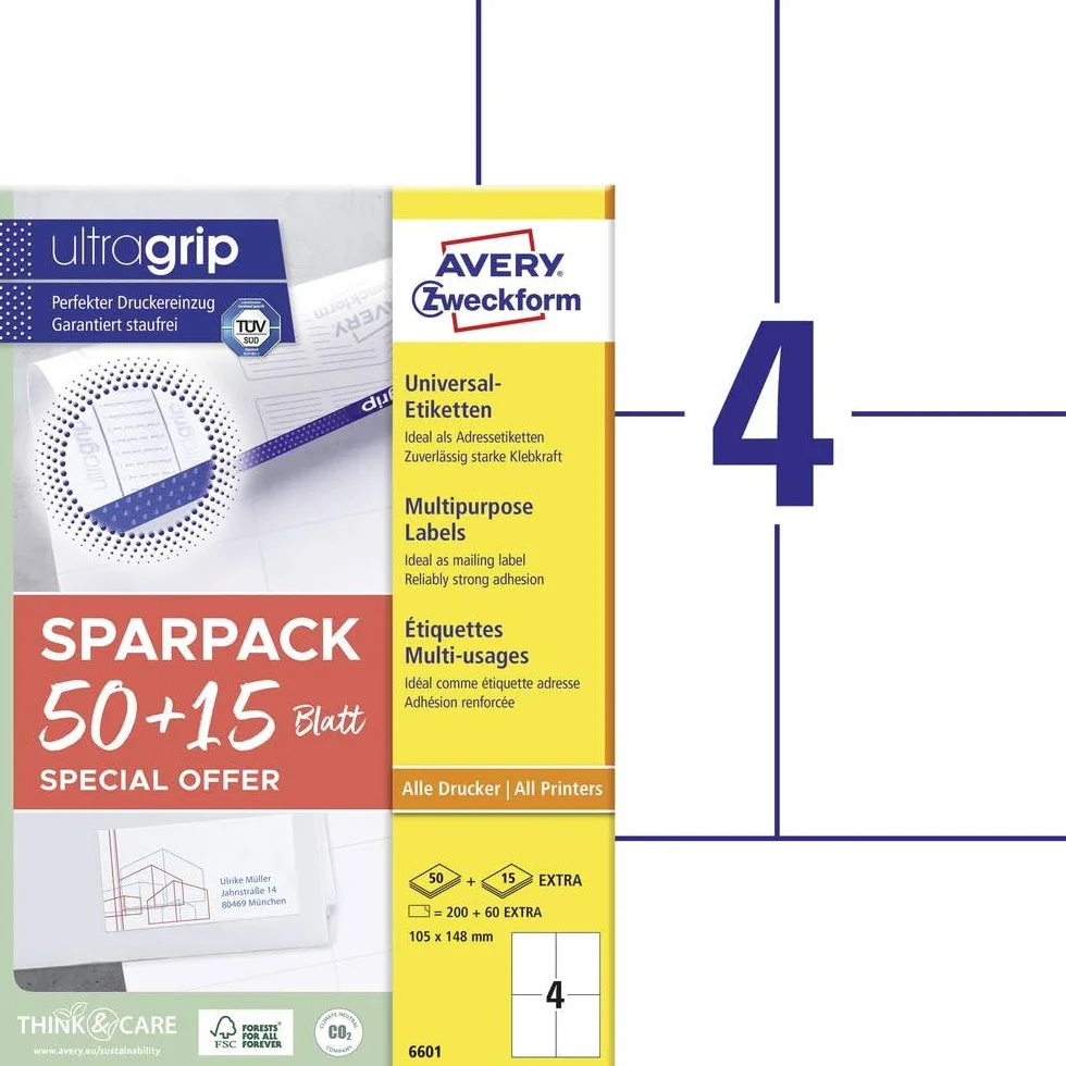 AVERY Zweckform 6601 uniwersalne etykiety 105x148 mm A4 papier matowy samoprzylepne 260 sztuk