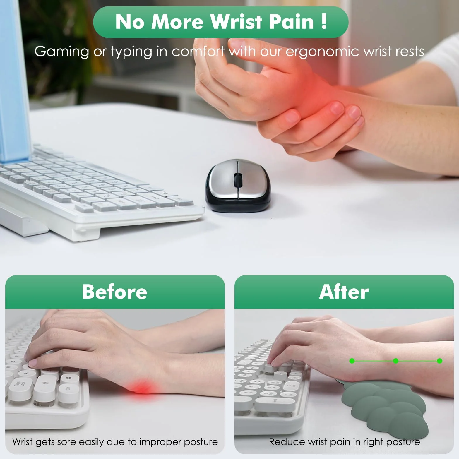 MoKo Cloud Wrist Rest Ergonomic Keyboard Wrist Support with Mouse Pad Durable Polyester Arm Rest Pad for Office Gaming Computer Laptop Green