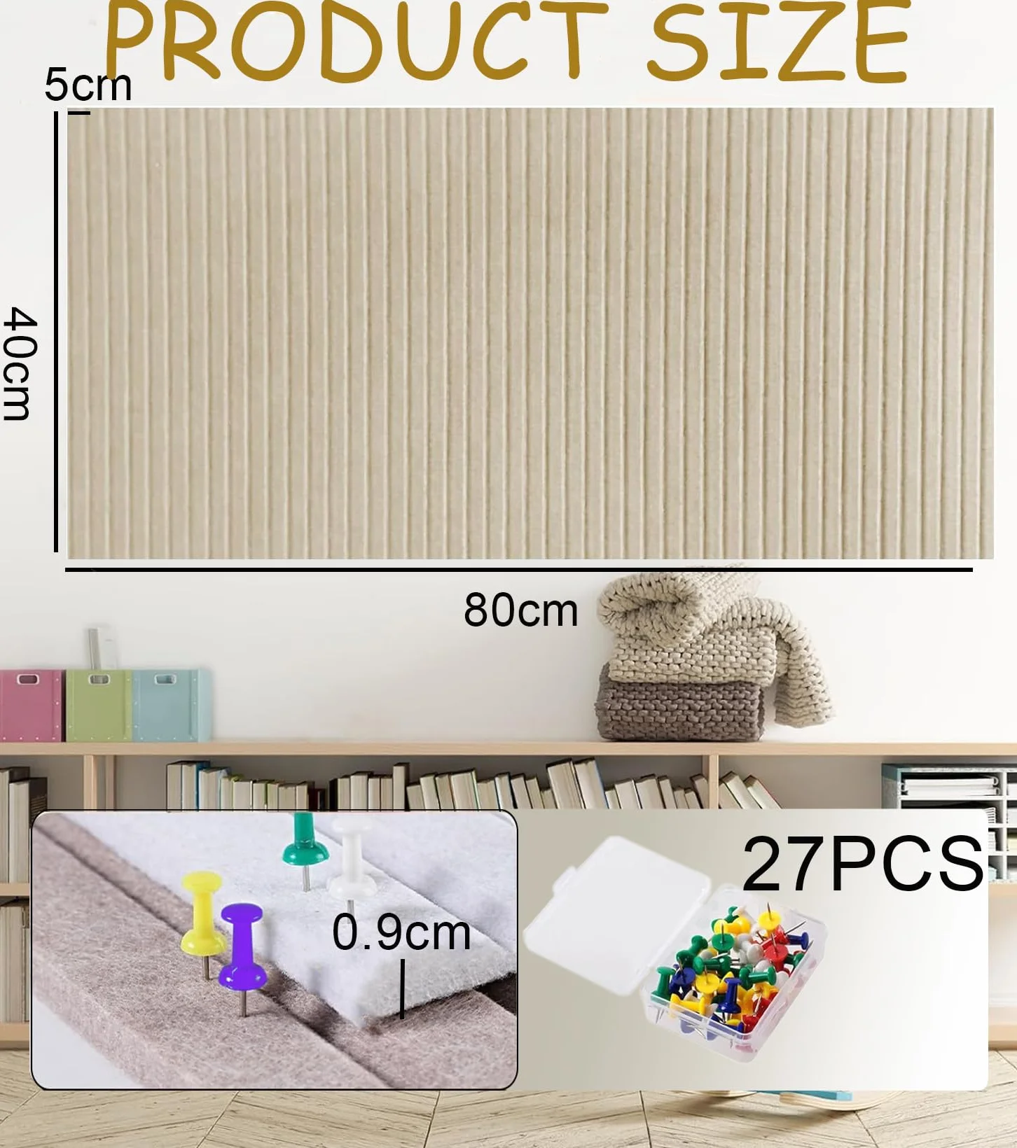 TAKONE Tablica do przypinania, filcowa, samoprzylepna, 80 x 40 cm – duża, składana, filcowa ścianka z 35 pinezkami, grubość 9 mm, nowoczesny panel ścienny do biura, szkoły i pokoju dziecięcego