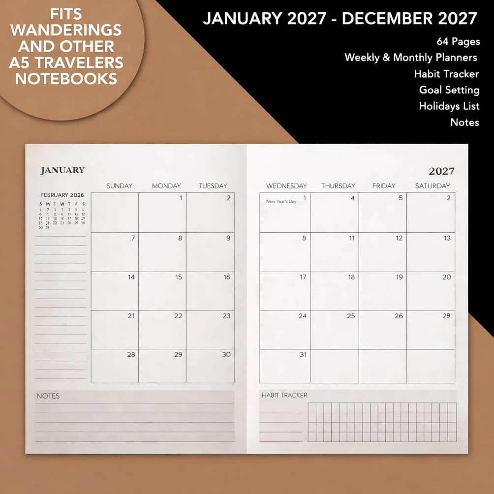 Wkłady Uzupełniające do Kalendarza A5 Traveler's Notebook 2027, 14,2 x 21 cm, Styczeń-Grudzień 2027