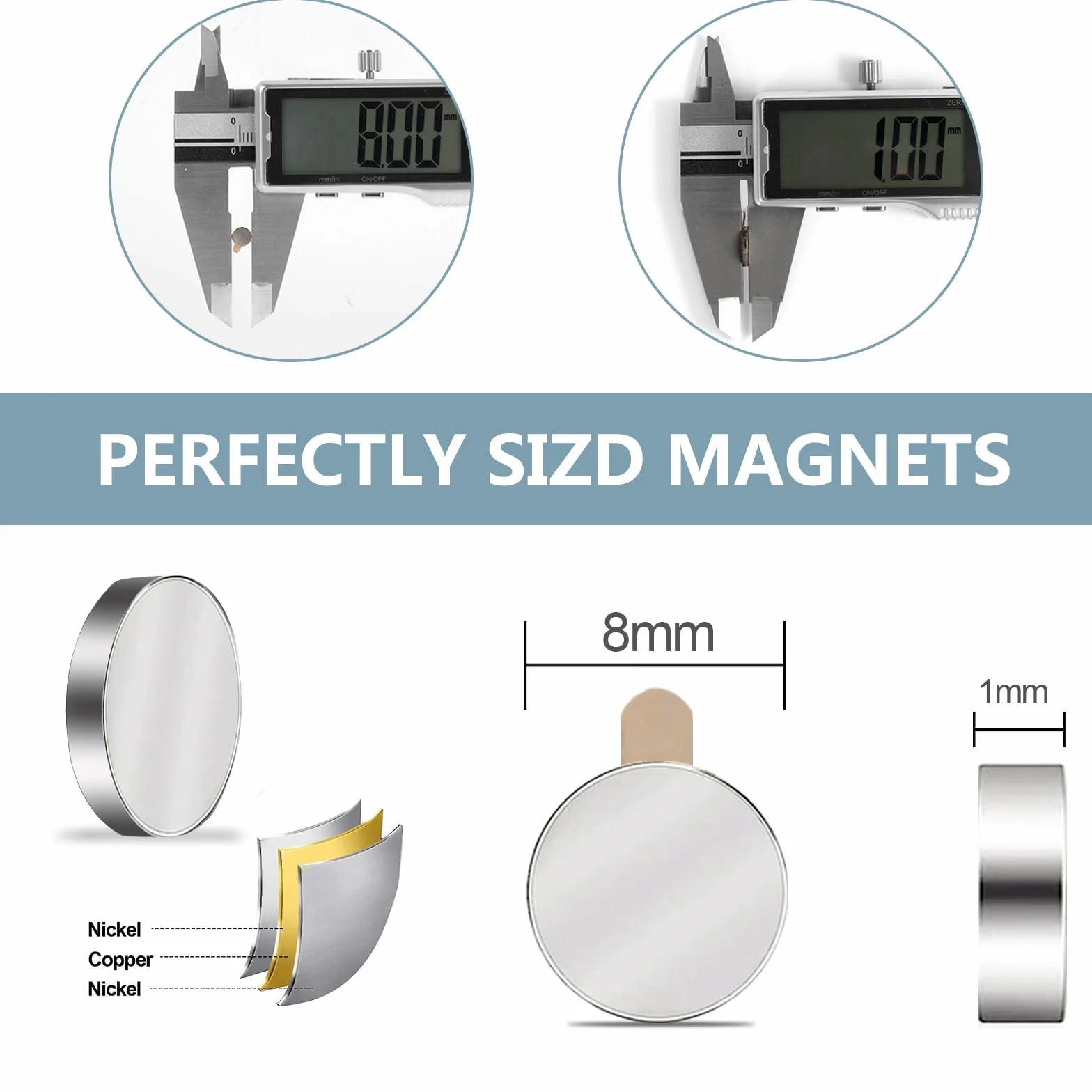 UTOMAG Samoprzylepnych Magnesów Mocne - 8x1mm, 100 Sztuk - Wielofunkcyjne Silne Magnesy Neodymowe do Użytku w Parach, Idealne do Lodówek, Tablic Magnetycznych, Zdjęć, Rękodzieła, Kuchni oraz Biur