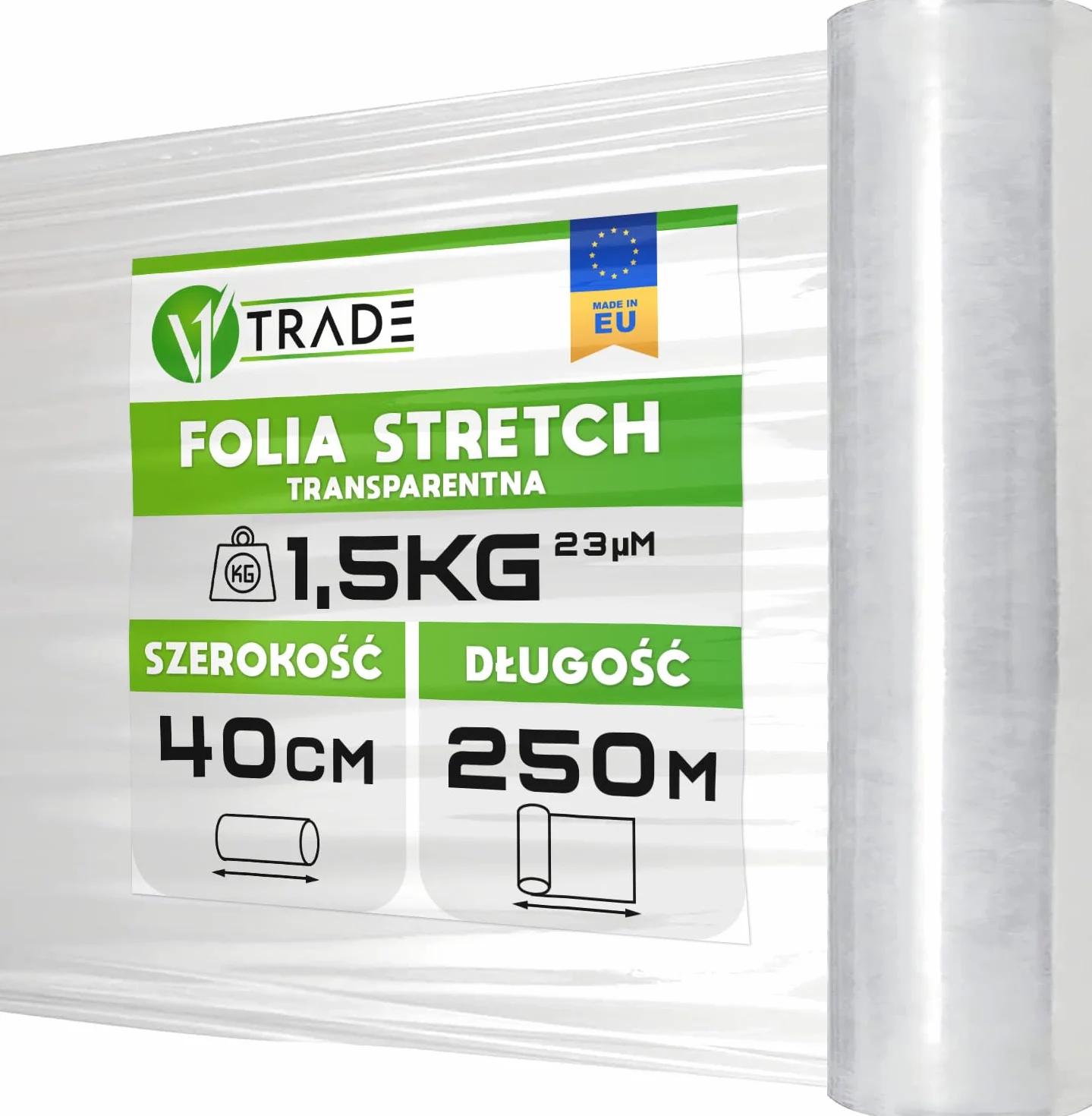 Folia stretch przezroczysta 1,5 kg 23 mikrometry 100 m 40 cm