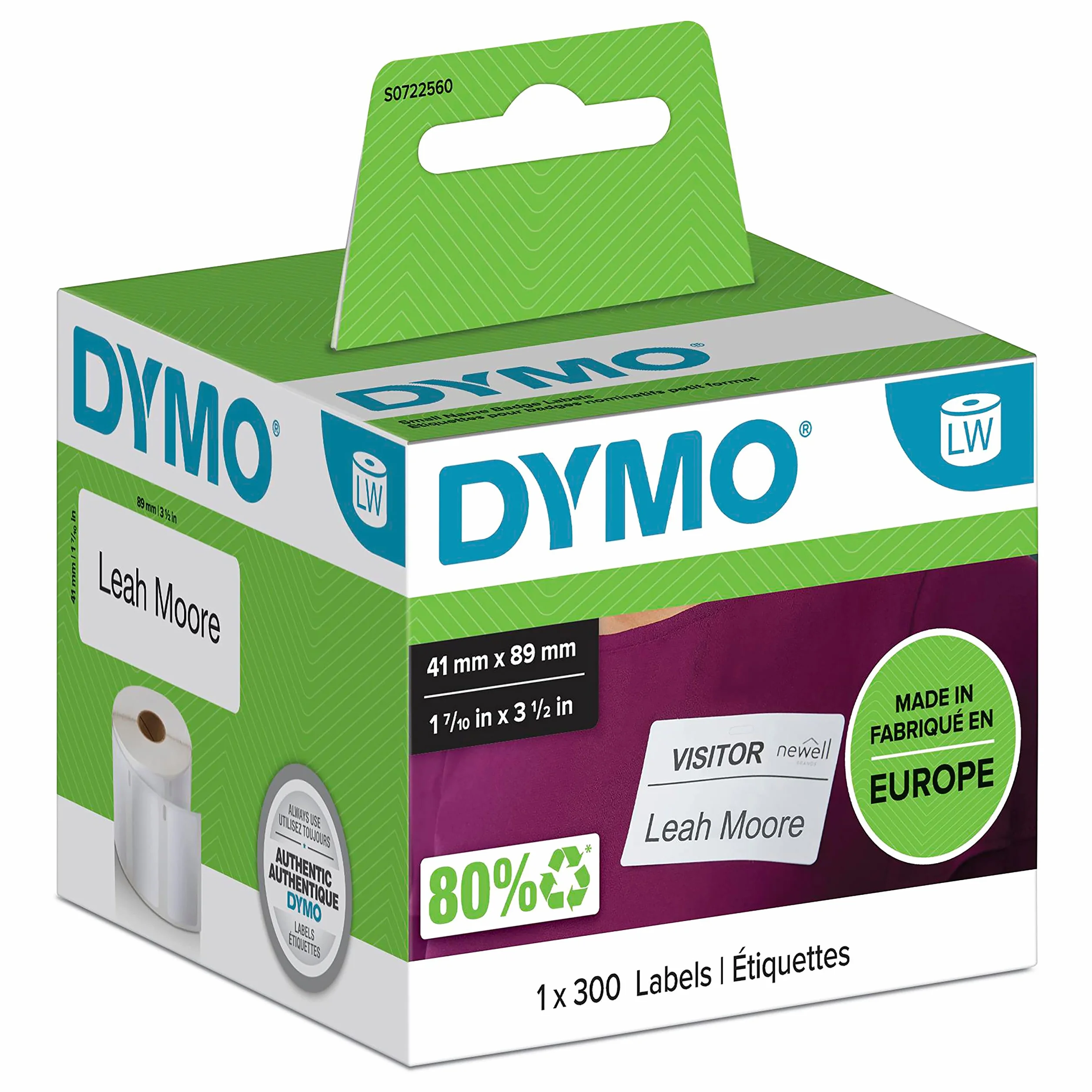 DYMO LW małe etykiety na identyfikatory | 41 mm x 89 mm | rolka 300 łatwych do odklejania etykiet | samoprzylepne | do drukarek etykiet LabelWriter | oryginalne