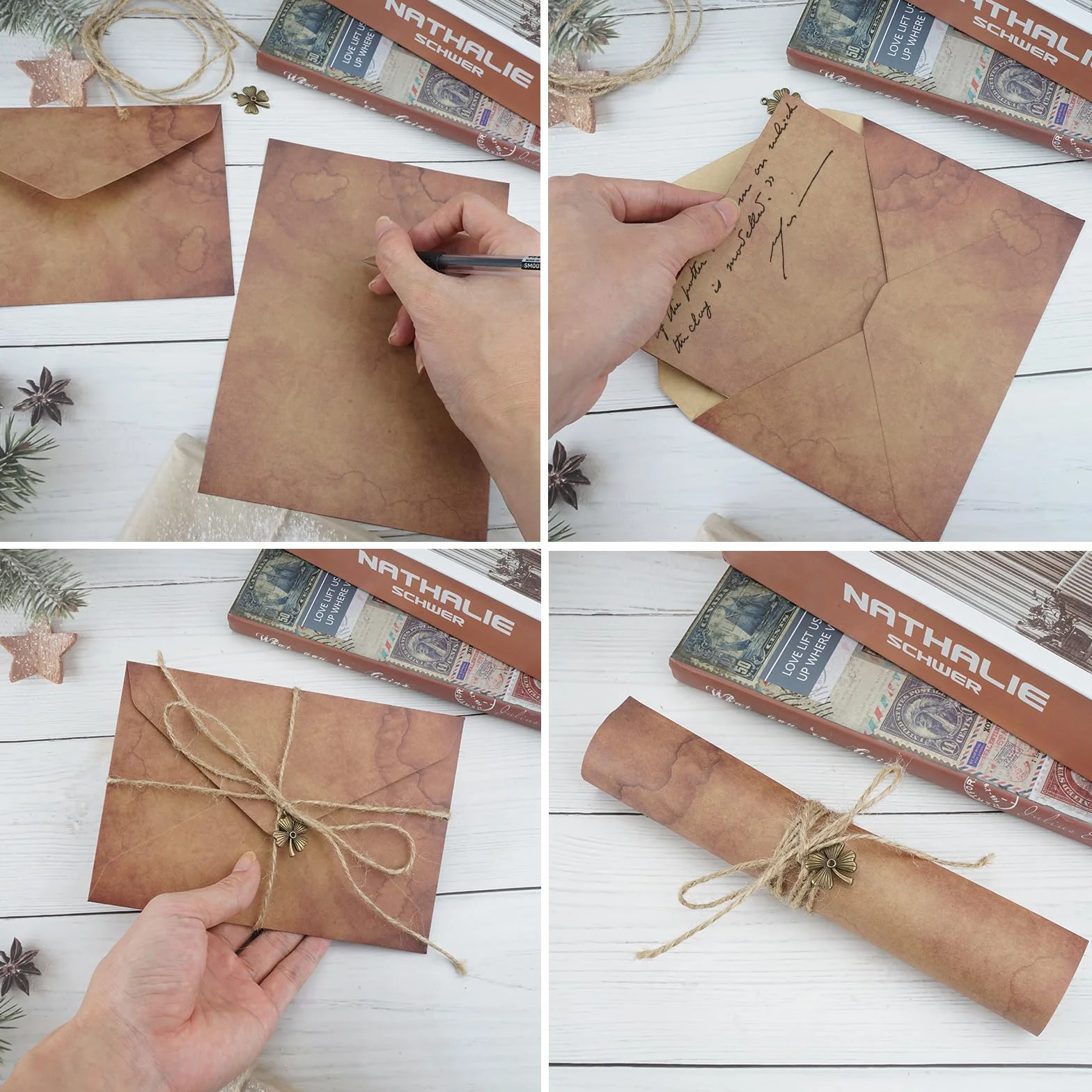 Zestaw 68 sztuk papieru listowego, szlachetne, 24 stary papier vintage, 12 kopert w stylu retro, 18 lin konopnych, 2 naklejki na arkusze, 12 kluczy, papier listowy z kopertą, brązowy, A4 na wesela,
