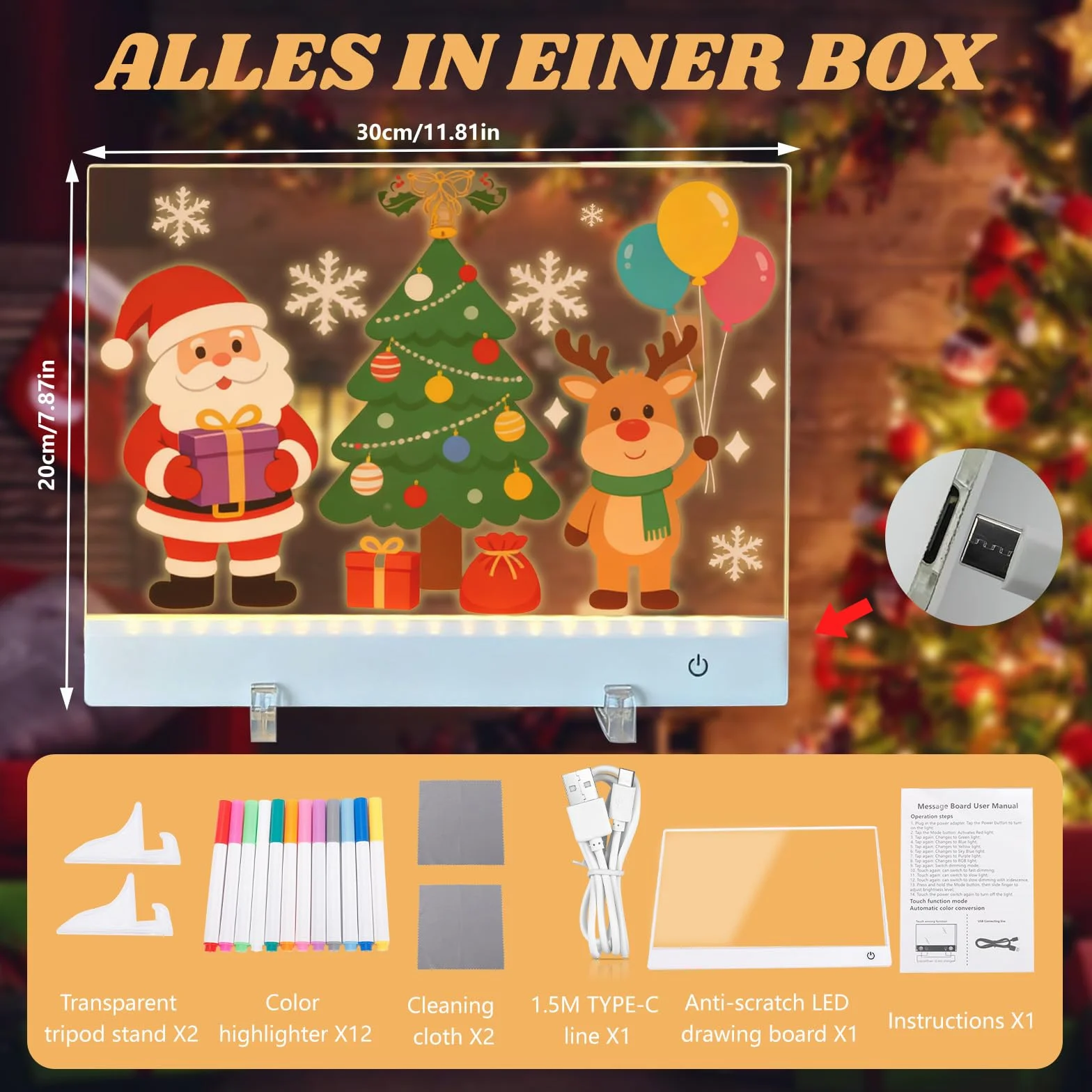 Tablet śWietlny do Rysowania, Tablica śWietlna LED 30 x 20 cm, Akrylowa Tablica Kreślarska z 12 Kolorami Pisaków, Tablet do Pisania Kreatywny Rrezent dla Dzieci