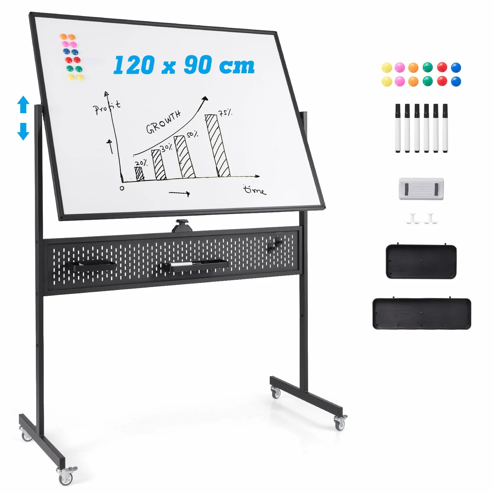 GOPLUS Dwustronna tablica suchościeralna ze stojakiem 120 x 90 cm, magnetyczna, regulacja wysokości, czarna