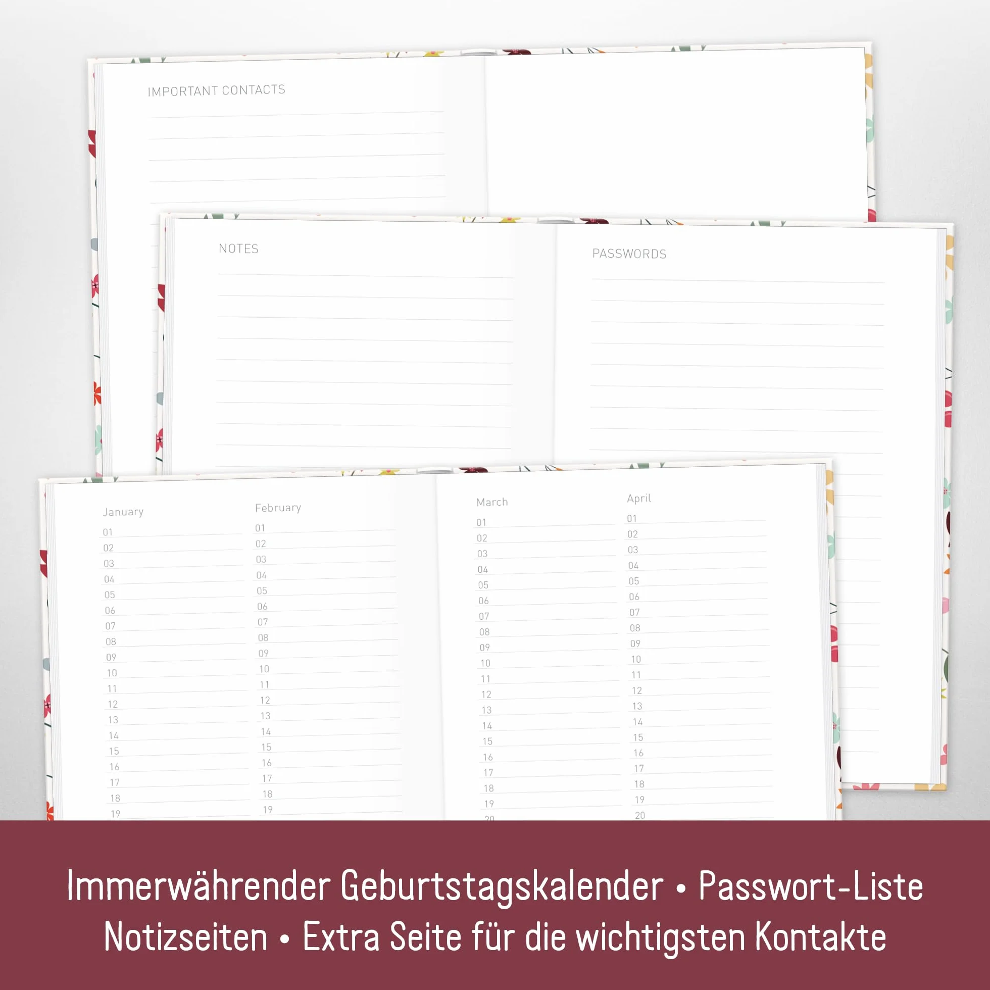 Książka adresowa paper&you® A6+ z indeksem A-Z papierem premium 120 g/m² "Wild Flower" na kontakty, daty urodzin i hasła - zrównoważona & przyjazna dla klimatu