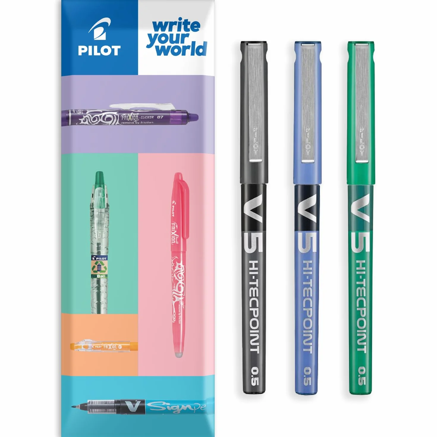 PILOT V5 Hi-Tecpoint długopis kulkowy 0,5 mm szerokość linii 0,3 mm zestaw czarny niebieski zielony