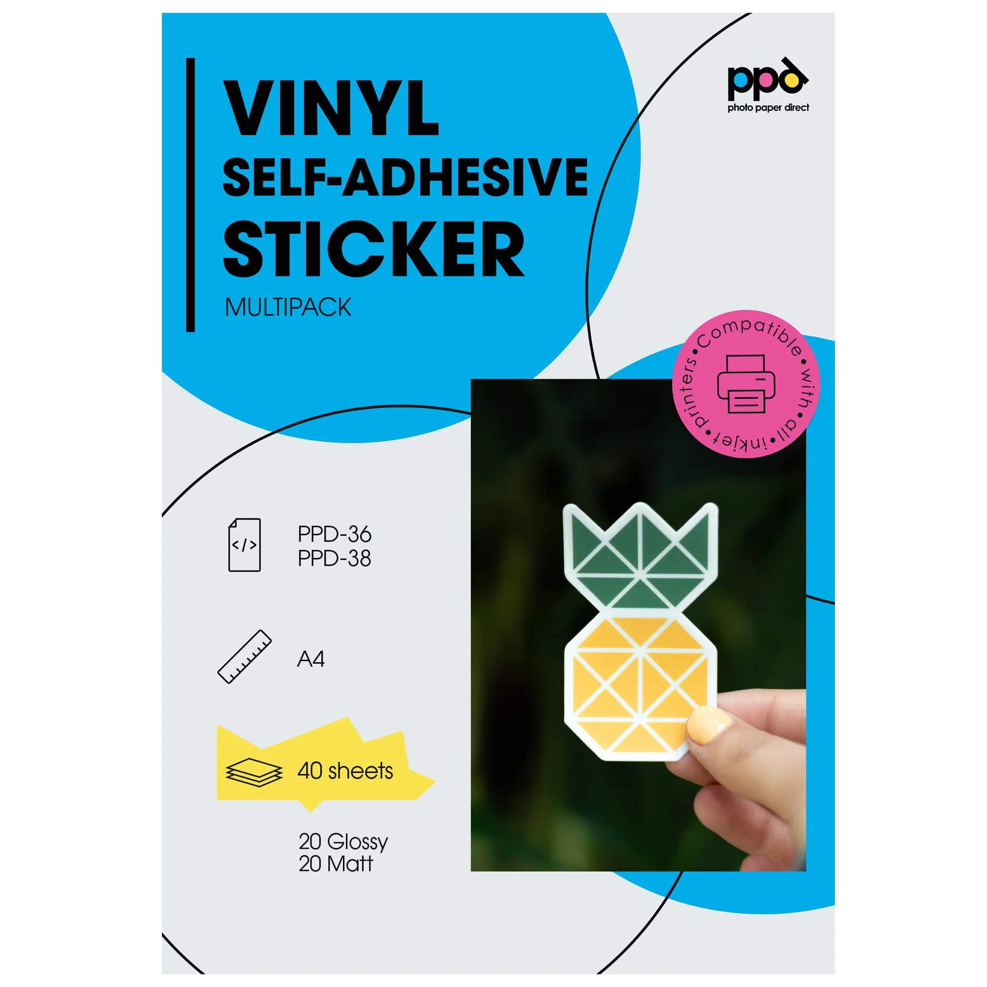 PPD Mix 40 Arkuszy A4 Samoprzylepnego Papieru Winylowego Biała Naklejka PPD-36/38-40
