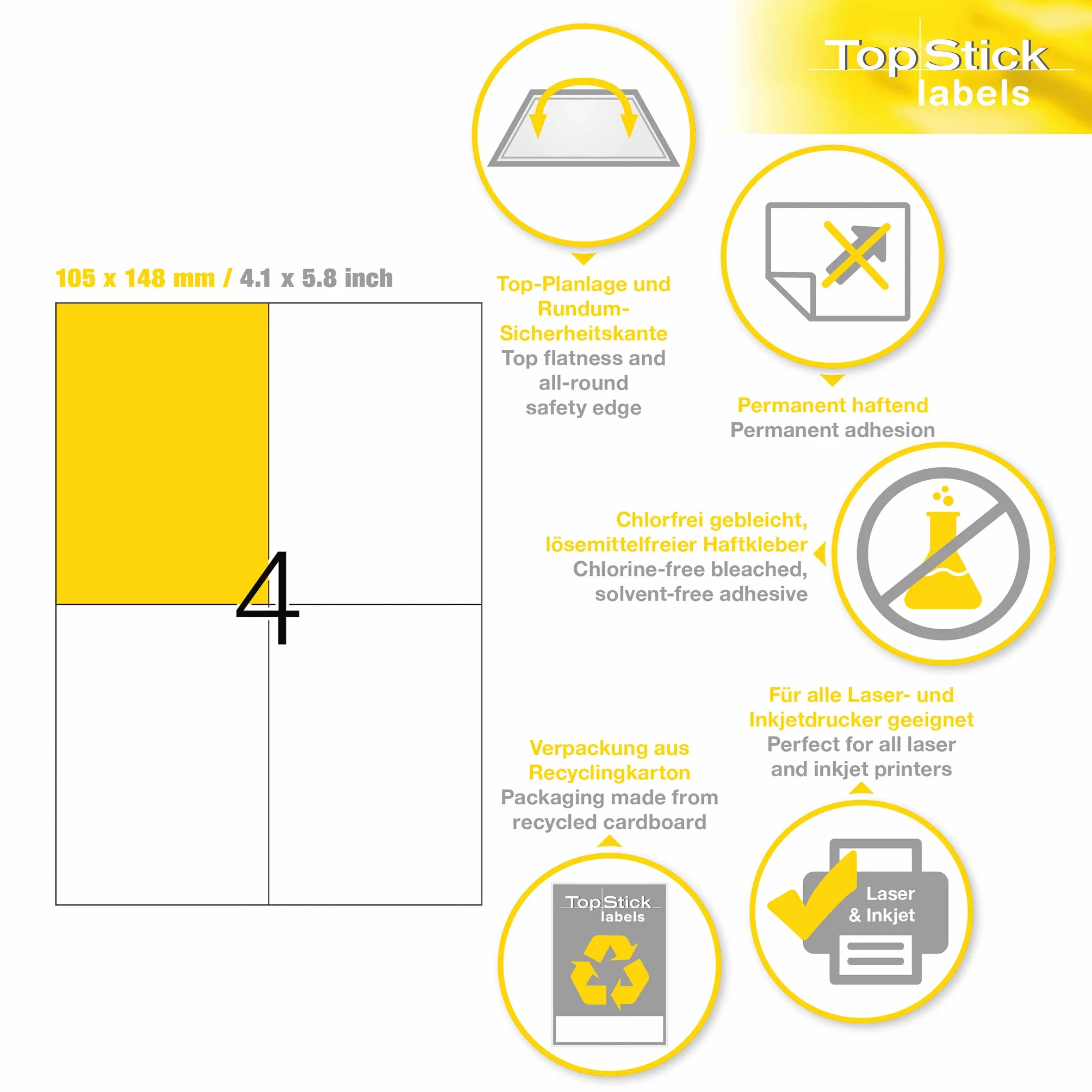 TopStick 8717 Uniwersalne etykiety, 100 arkuszy, 105 x 148 mm, 4 w arkuszu A4, 400 sztuk, samoprzylepne, do zadrukowania, matowe, czyste papierowe, białe