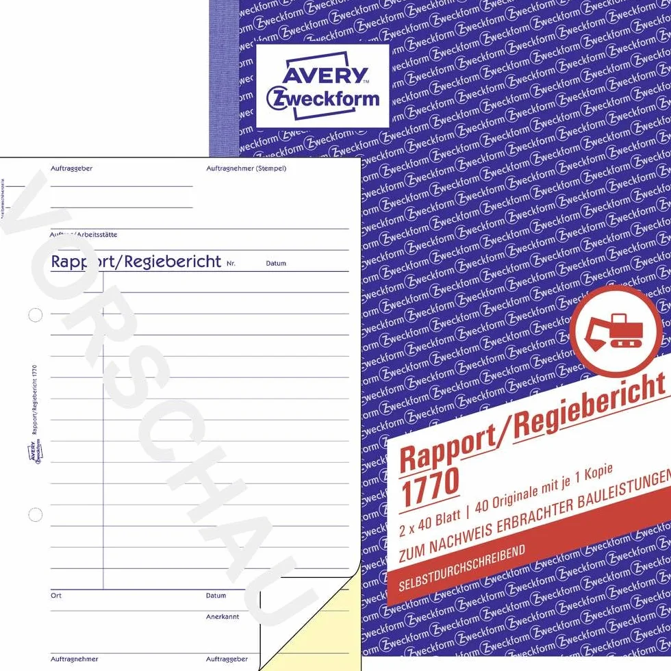 AVERY Zweckform 1770 raport/raport z rewizji (A5, samokopiujący, sprawdzony przez ekspertów prawnych, dla Niemiec i Austrii w celu dokumentacji wydajności pracy, 2 x 40 arkuszy) biały/żółty