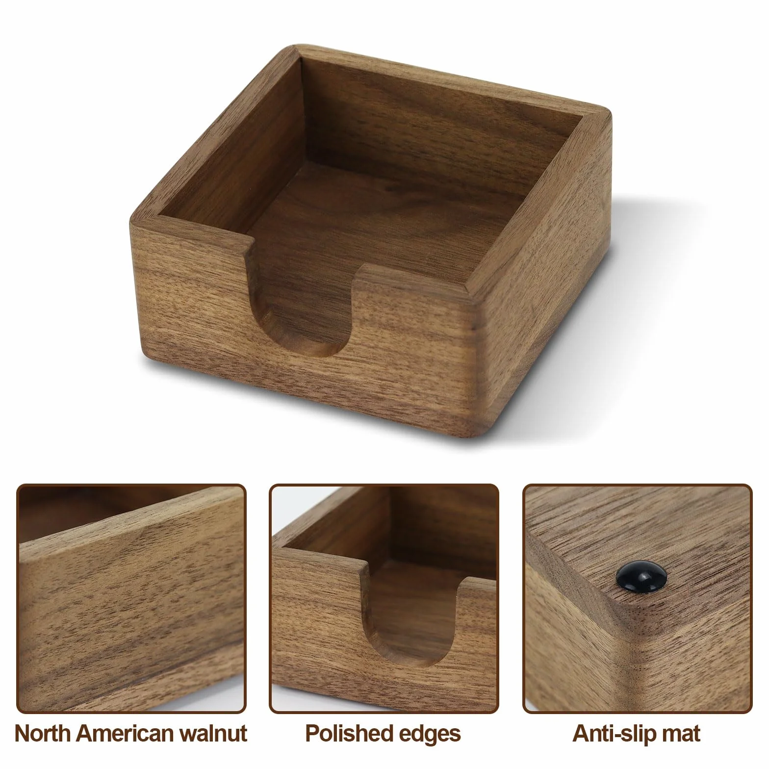 Uchwyt na karteczki z drewna orzechowego 10,5 x 10,5 cm organizer notatnik antypoślizgowa podstawa
