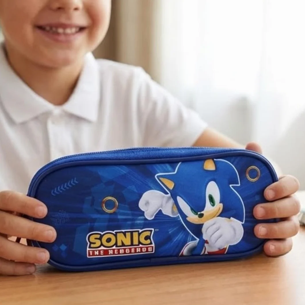 mybagstory - Piórnik z dwoma przegródkami - dla dzieci - szkoła, przedszkole, przedszkole, chłopiec, rozmiar 22 cm, pomysł na prezent dla dziewczynki, Sonic - Niebieski, Klasyczny