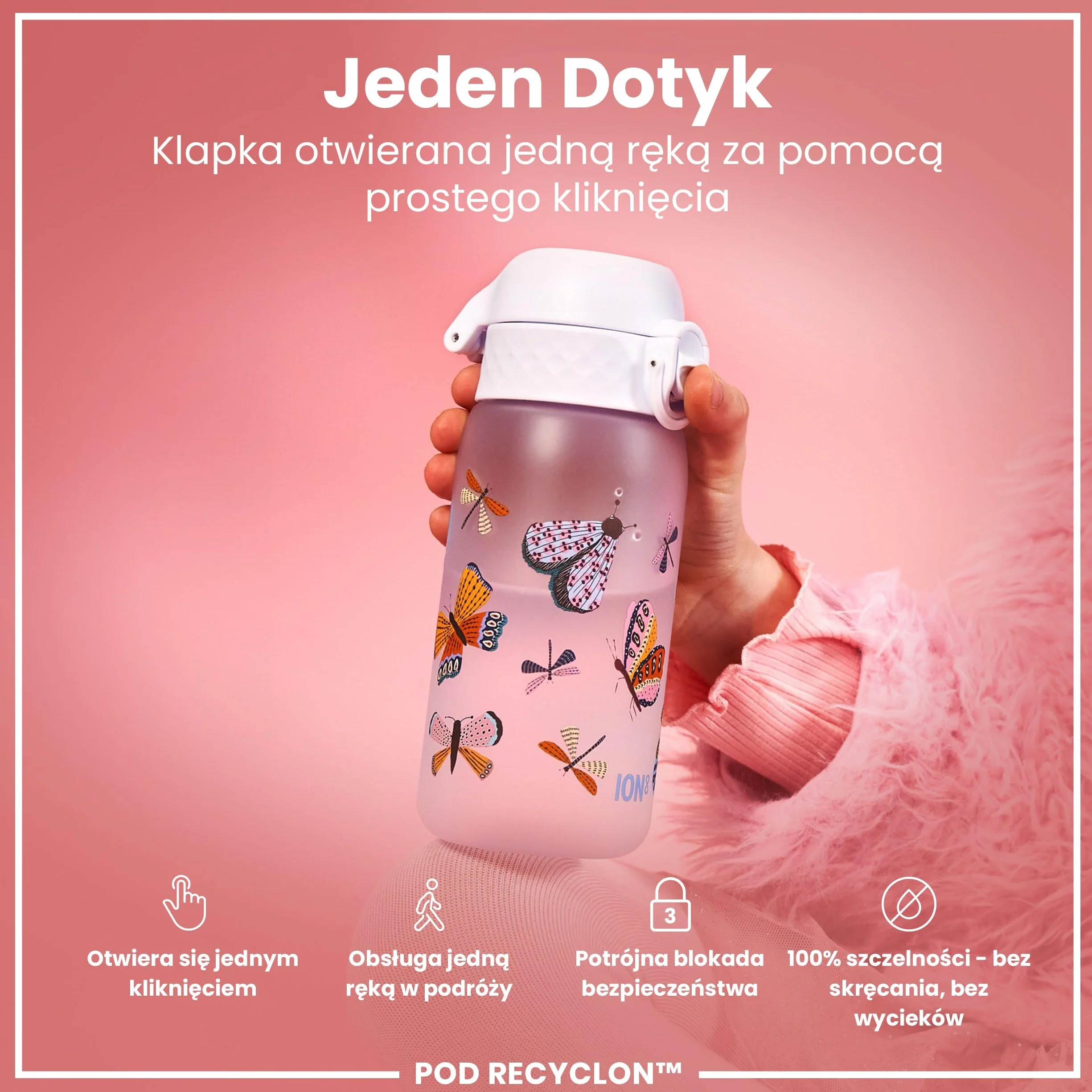 ION8 Butelka dla Dzieci 350 ml Szczelna Bez BPA Można Myć w Zmywarce Wzór Motyle