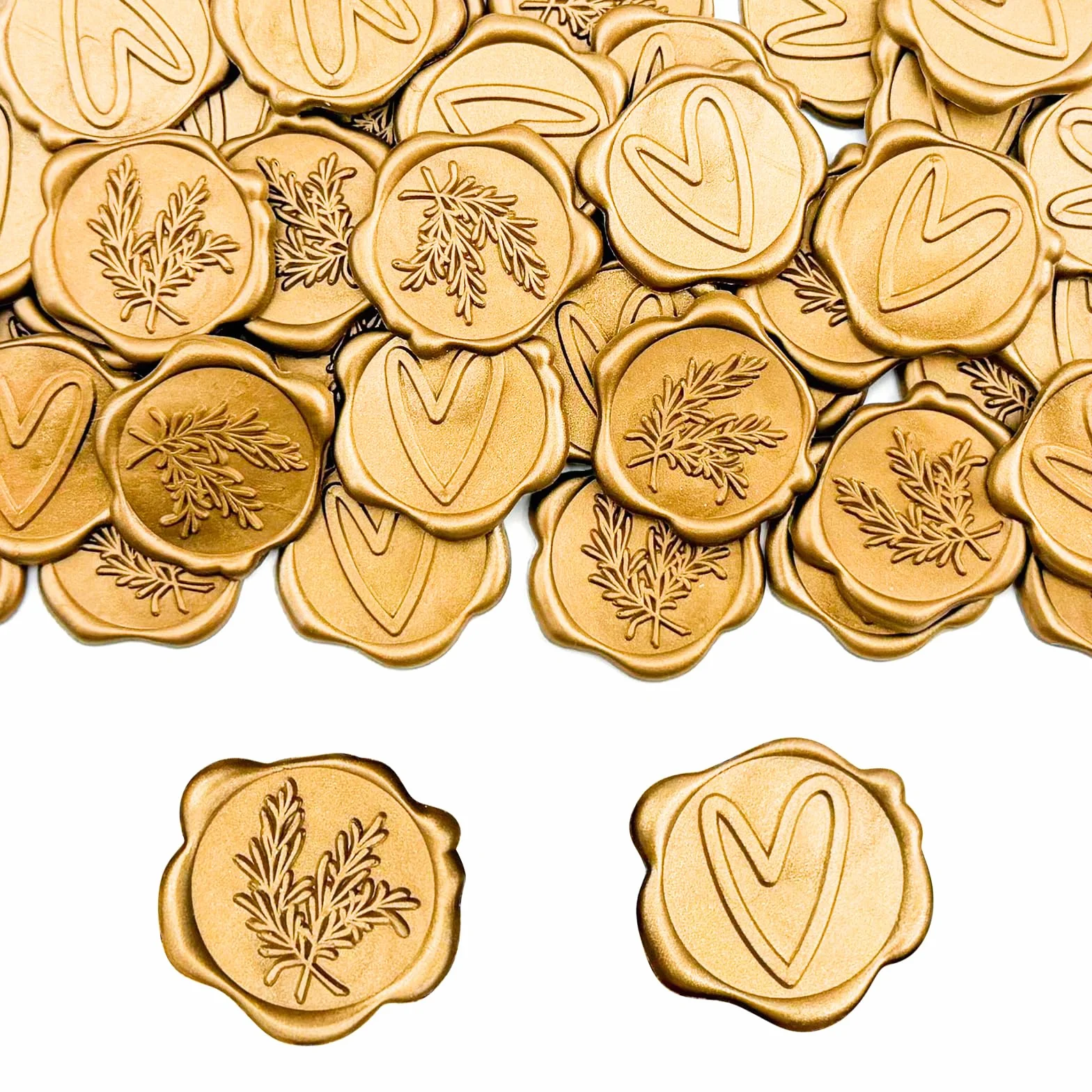 50 sztuk złotych pieczęci woskowych, samoprzylepnych, w kształcie serca i rozmarynu, złote naklejki z pieczęcią woskową, na wesele, imprezę, urodziny, zaproszenia, koperty