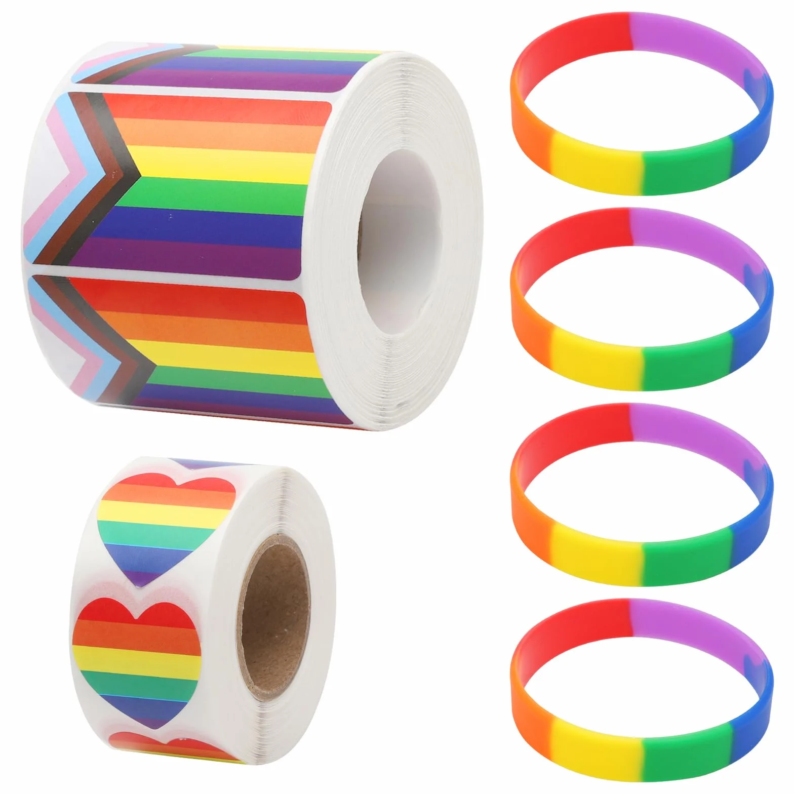 VOSSOT 1000 sztuk naklejek tęczy LGBTQ, 4 tęczowe bransoletki, naklejki w kolorze tęczy, naklejki Pride, naklejki LGBTQ, naklejki Gay Pride, samoprzylepne naklejki tęczowe, akcesoria Pride