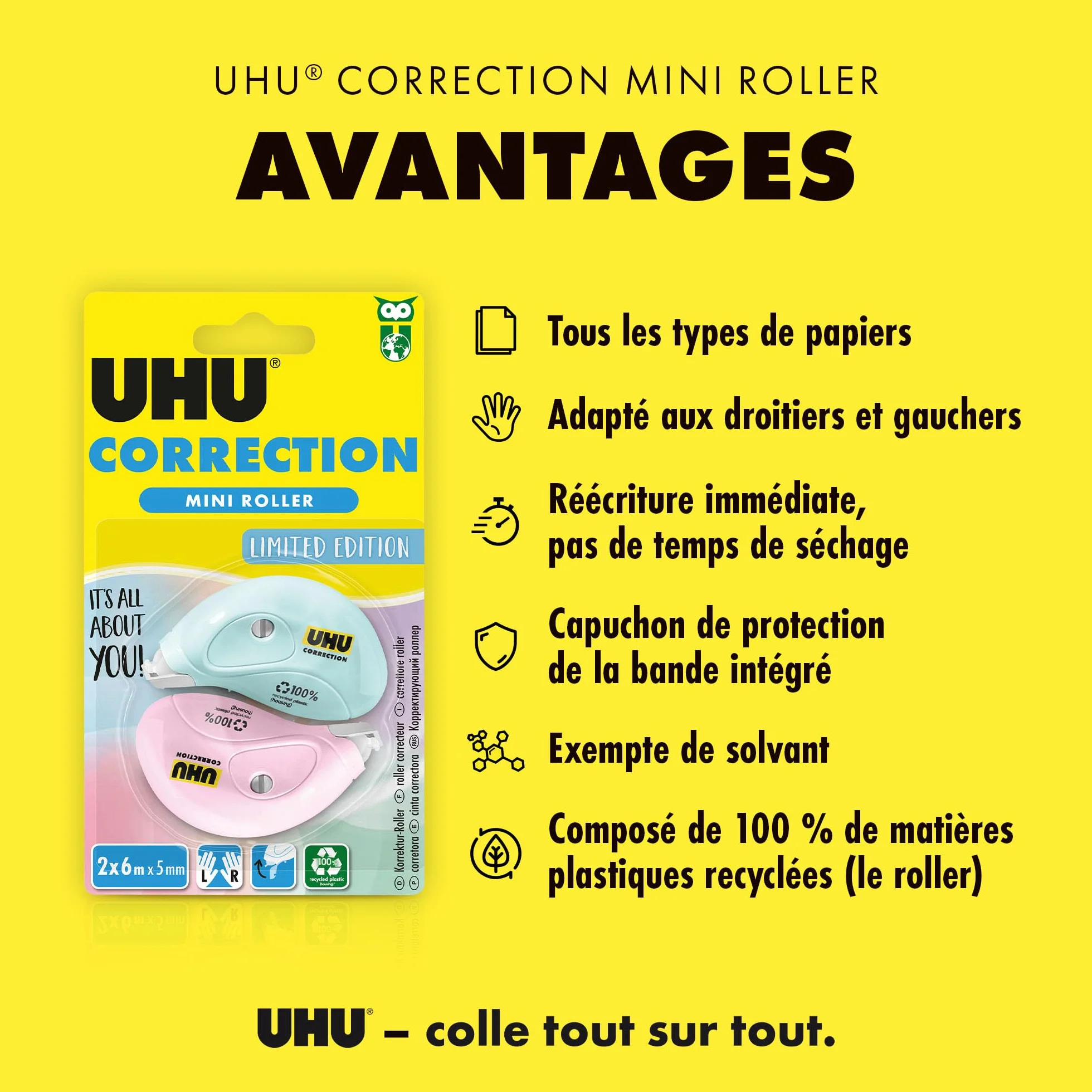 UHU Mini pastelowe długopisy korekcyjne - szybka, czysta i precyzyjna taśma korekcyjna, biała, opakowanie 2 6 m x 5 mm
