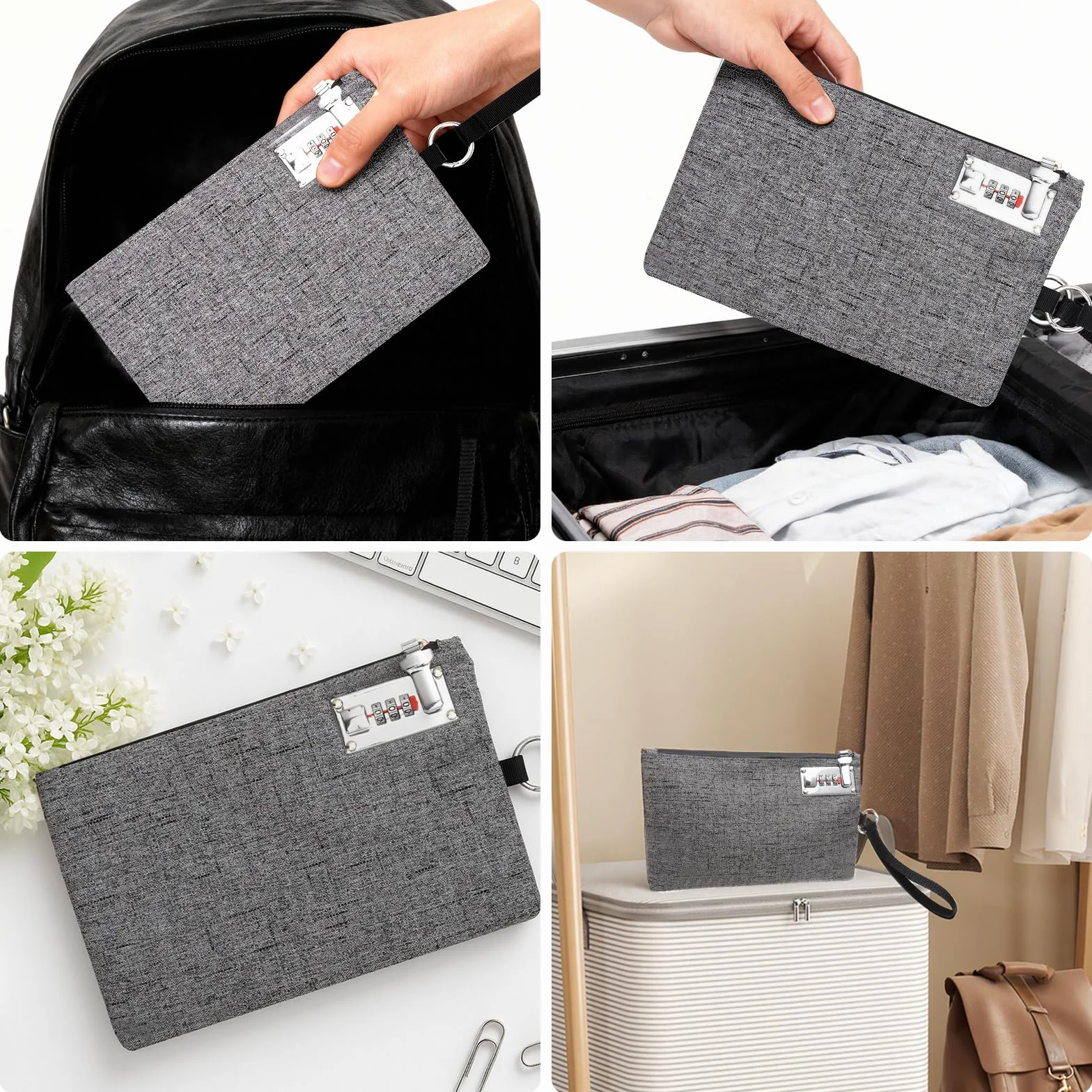 VOSSOT Portfel z zamkiem 25 x 17 cm, torba bankowa, zamek szyfrowy, zamykany portfel, wodoszczelny, odporny na przecięcie, na gotówkę, paszport, karty bankowe, dokumenty, inne wartościowe przedmioty