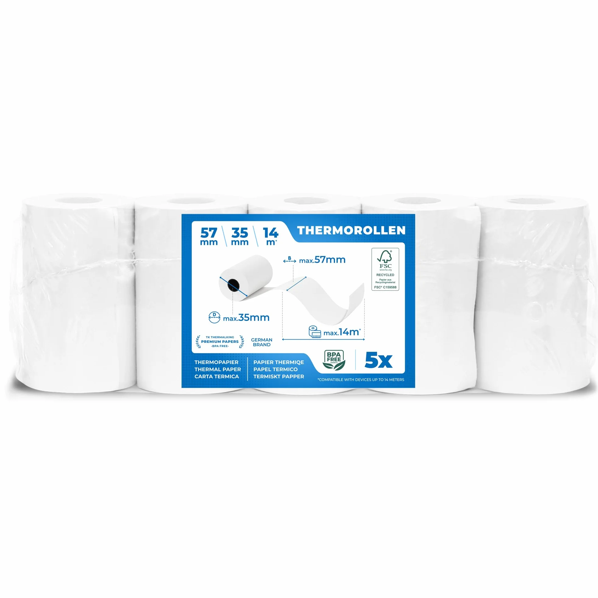 5 x rolki termiczne EC Cash - Szerokość: 57 mm - Średnica: 35 mm - Średnica tulejki: 12 mm - Długość: 14 m - do drukarek bonusowych, terminali EC itp.