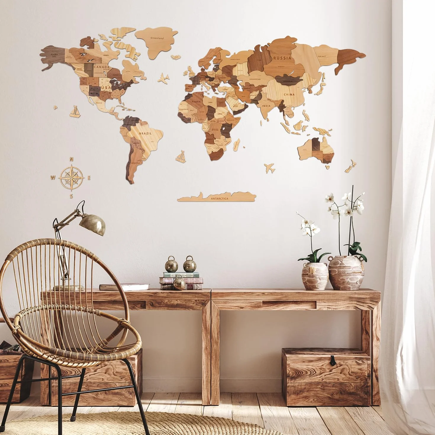 Creawoo Dekoracja Ścienna Mapa Świata 3D, Wielowarstwowa Mapa Drewna, 150 x 85 cm