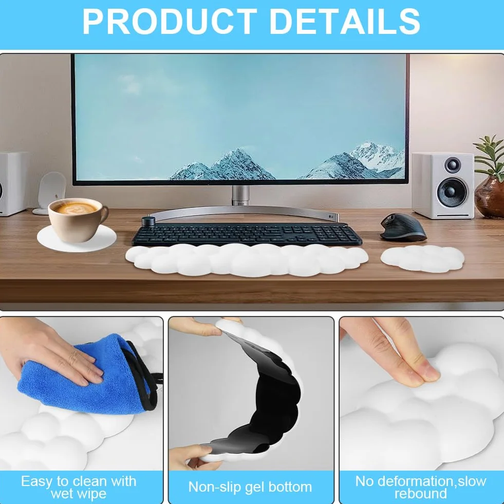 Cloud Podpórka pod nadgarstek do klawiatury, urocza, z podpórką pod nadgarstki i podstawką, miękka pianka z pamięcią kształtu, ze skóry PU, ergonomiczna podpórka pod nadgarstek i podłokietnik