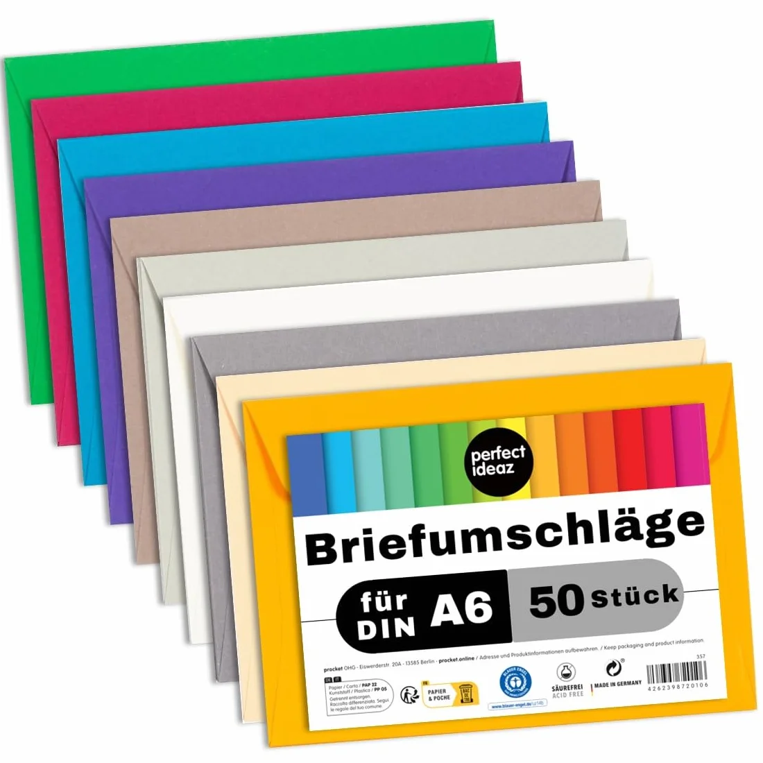 perfect ideaz - 50 kopert DIN-C6 bez okienka, na format DIN A6, z papieru pochodzącego z recyklingu, 10 kolorów, wyprodukowanych w Niemczech, certyfikat Blauer Engel