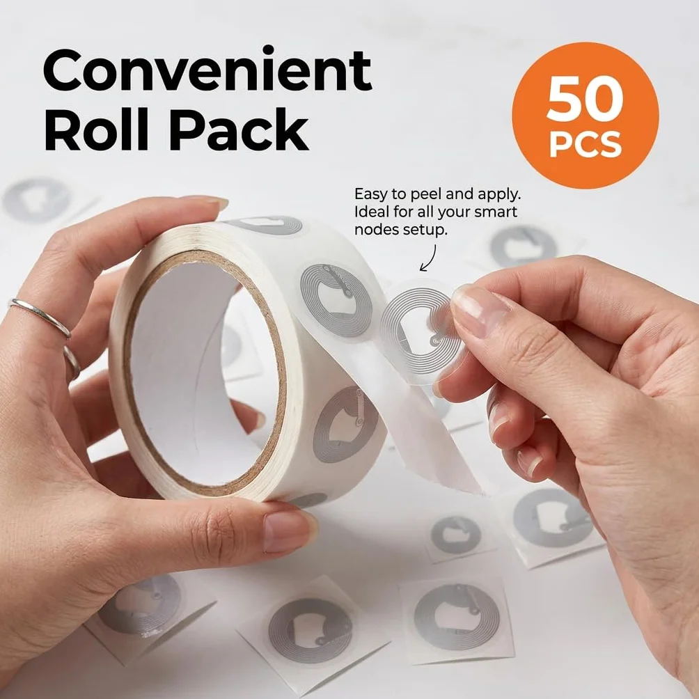 50 sztuk naklejek NFC NTAG215, 25 mm, okrągłe, samoprzylepne, programowalne, pamięć 504 bajtów, do inteligentnego domu, automatyzacji, skrótów, kompatybilne z urządzeniami z systemem Android i iOS