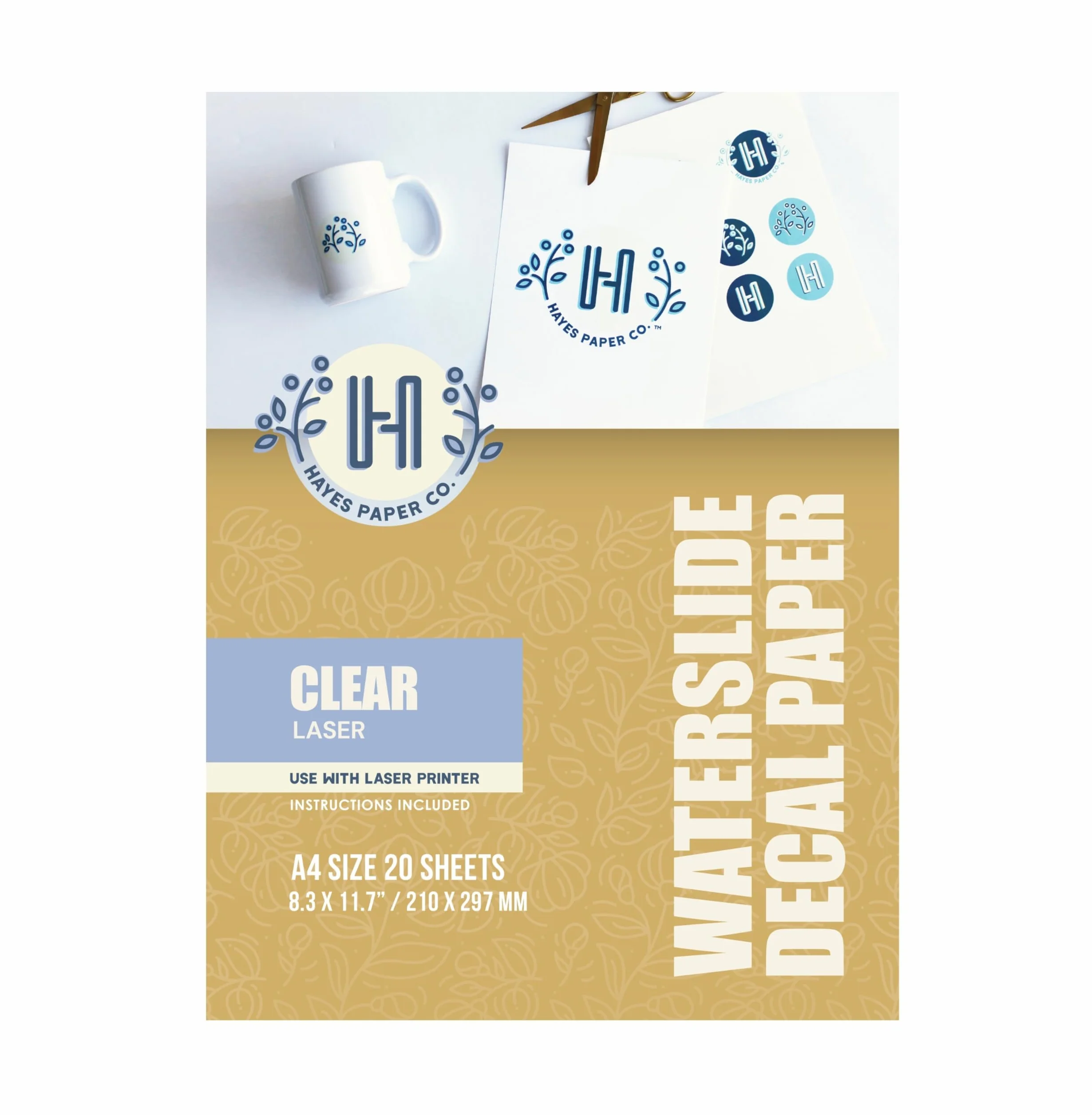 Hayes Paper Co. Waterslide Kalkomania papierowa laserowa przezroczysta - Premium A4 naklejka wodna papierowa drukarka laserowa - przezroczysty papier transferowy, 20 arkuszy