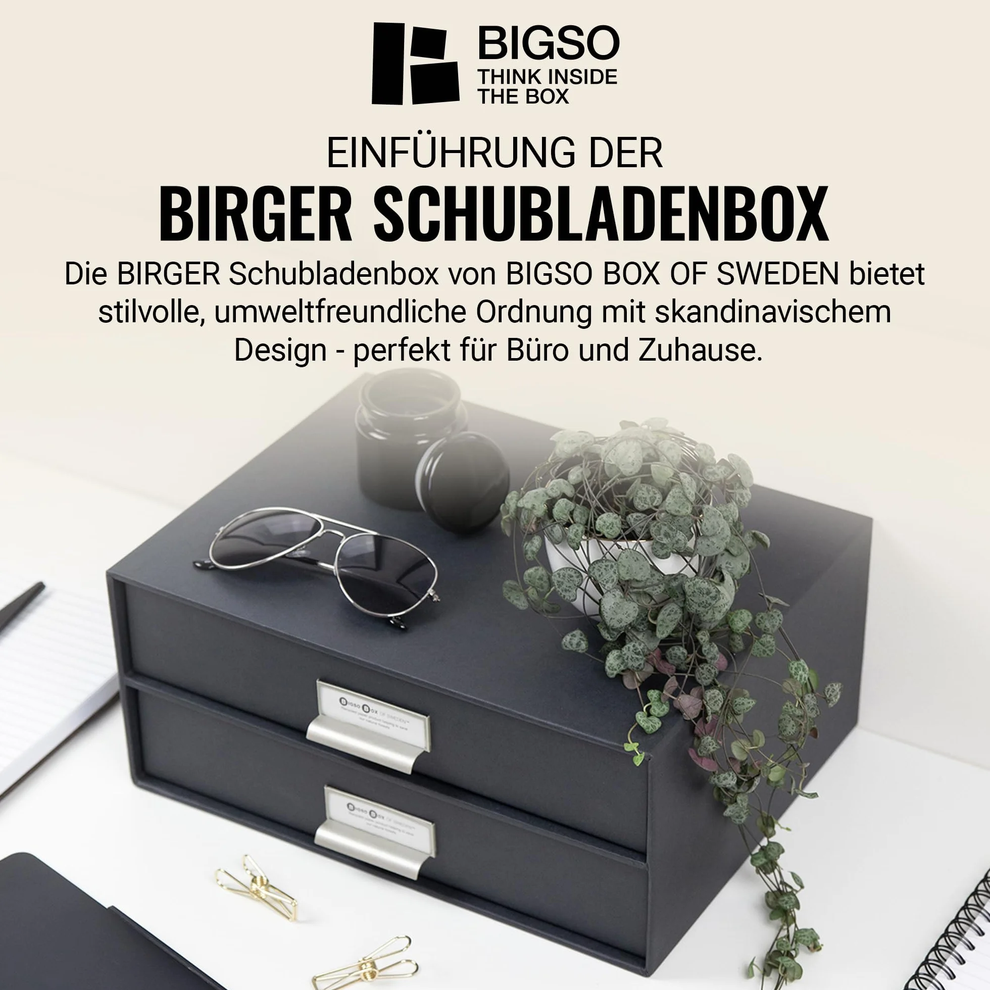 Bigso Box of Sweden BIRGER Pudełko z szufladami na dokumenty i artykuły biurowe – organizer na biurko z 2 szufladami – system odkładania z płyty pilśniowej i papieru – ciemnoszary