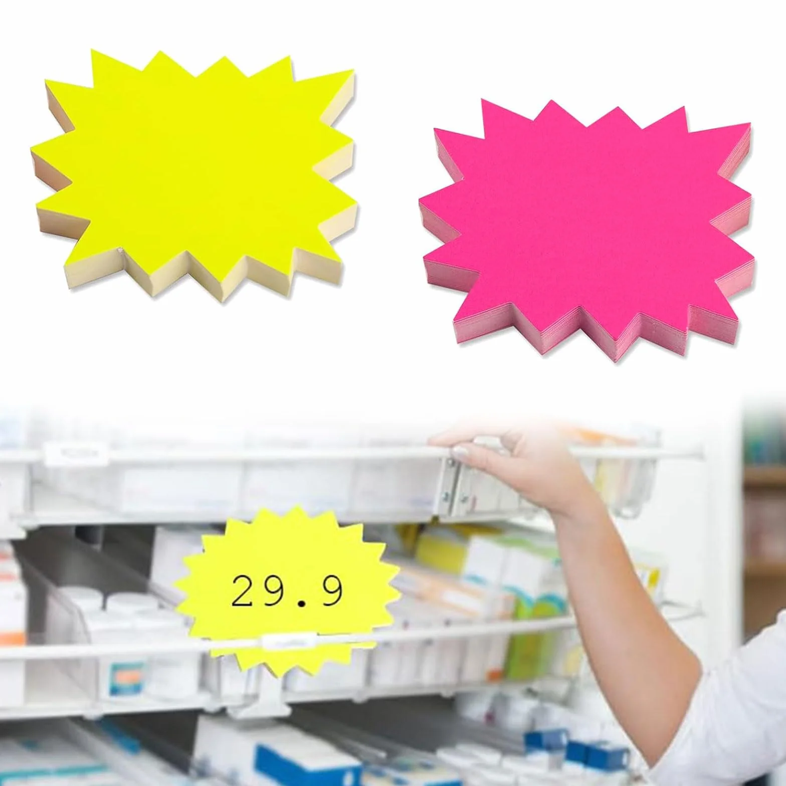 100 sztuk fluorescencyjnych metek z ceną, 9 x 7 cm, znak Starburst, znaki sprzedażowe do sklepu, style metek cenowych, etykiety cenowe, do supermarketów