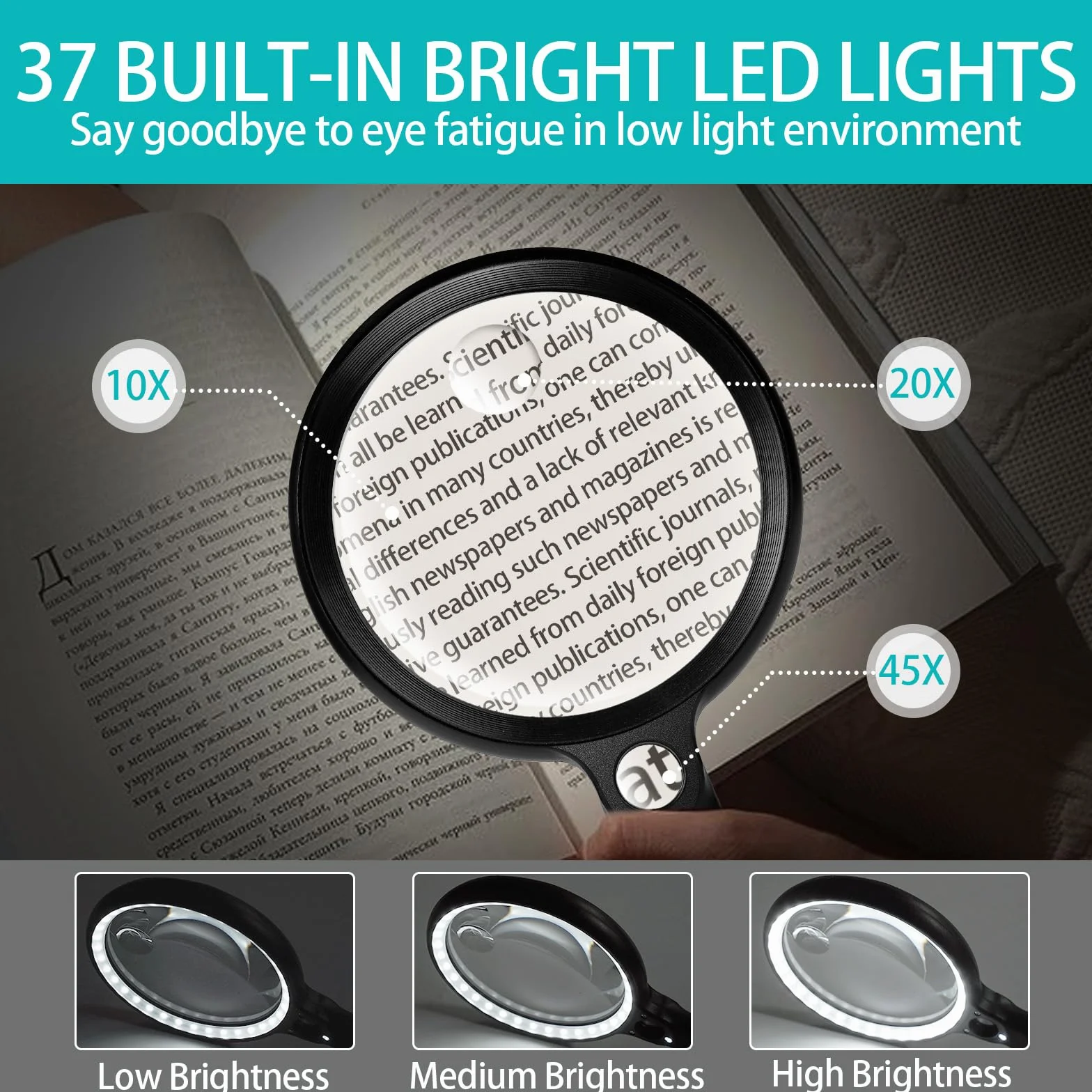 Duże szkło powiększające z 37 diodami LED i etui, 10X 20X 45X ręczna podświetlana lupa z 3 trybami oświetlenia, ładowalna lupa z pokrywą dla seniorów (czarno-biała)