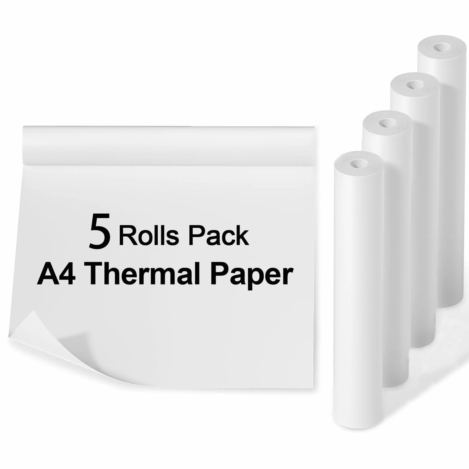 5 rolek papieru termicznego A4, w rolce – 210 mm x 30 mm x 8,7 m, biały papier termiczny A4, nie zawiera BPA, wodoodporny, kompatybilny z Phomemo, MUNBYN, PeriPage
