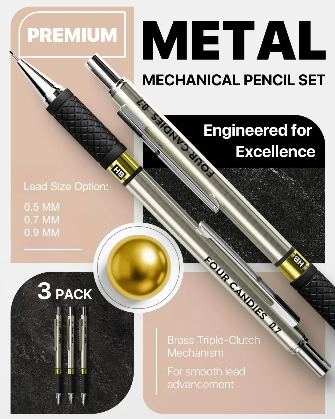 Four Candies Zestaw metalowych mechanicznych ołówków artystycznych – 3 szt. (0,5 mm, 0,7 mm, 0,9 mm), 360 wkładów HB, 3 gumki, 9 wymiennych końcówek gumek, do rysowania, pisania i szkicowania, z etui