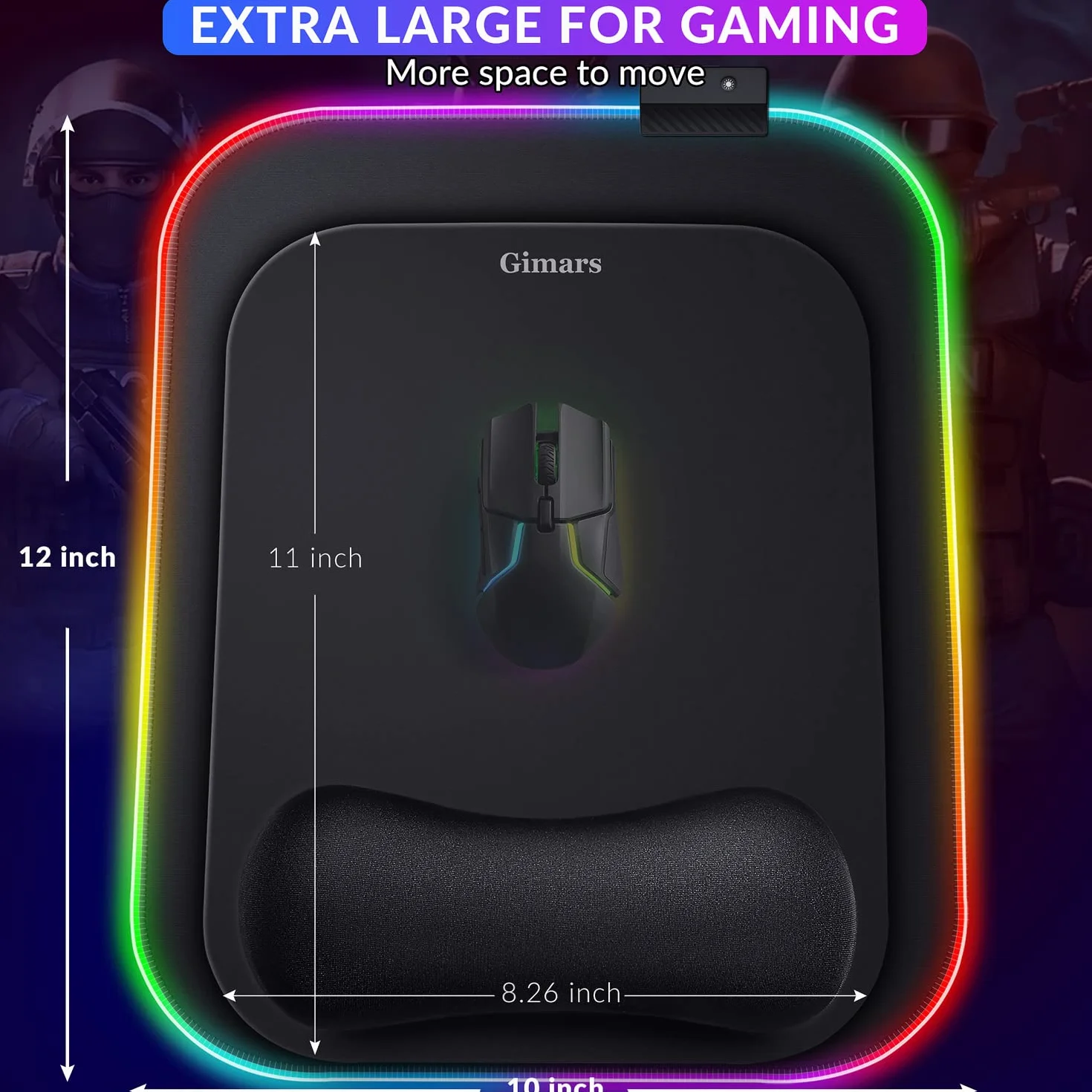 Gimars Ergonomiczna Podkładka pod Mysz z Podpórką pod Nadgarstek 30x25 cm RGB LED 10 Trybów Antypoślizgowa