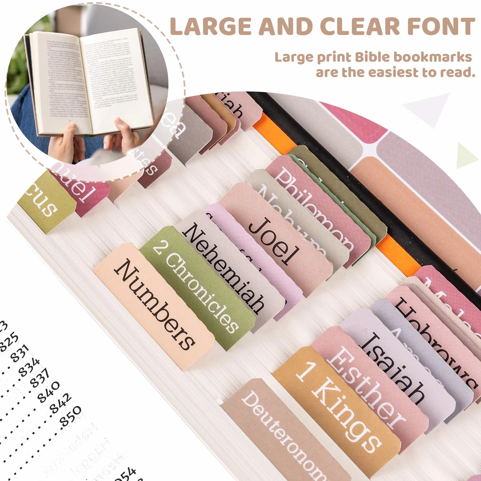 Laminowane rejestry biblijne, duże zakładki z nadrukiem boho, neutralne etykiety
