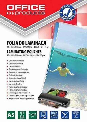 Folia do Laminowania OFFICE PRODUCTS A5 2x125mikr Błyszcząca 100szt Transparentna/Prezentacja/Typ-do Laminowania/Rodzaj-Błyszcząca/Materiał-Plastik/Kolor-Transparentny/Grubość (mm)-2x125µm