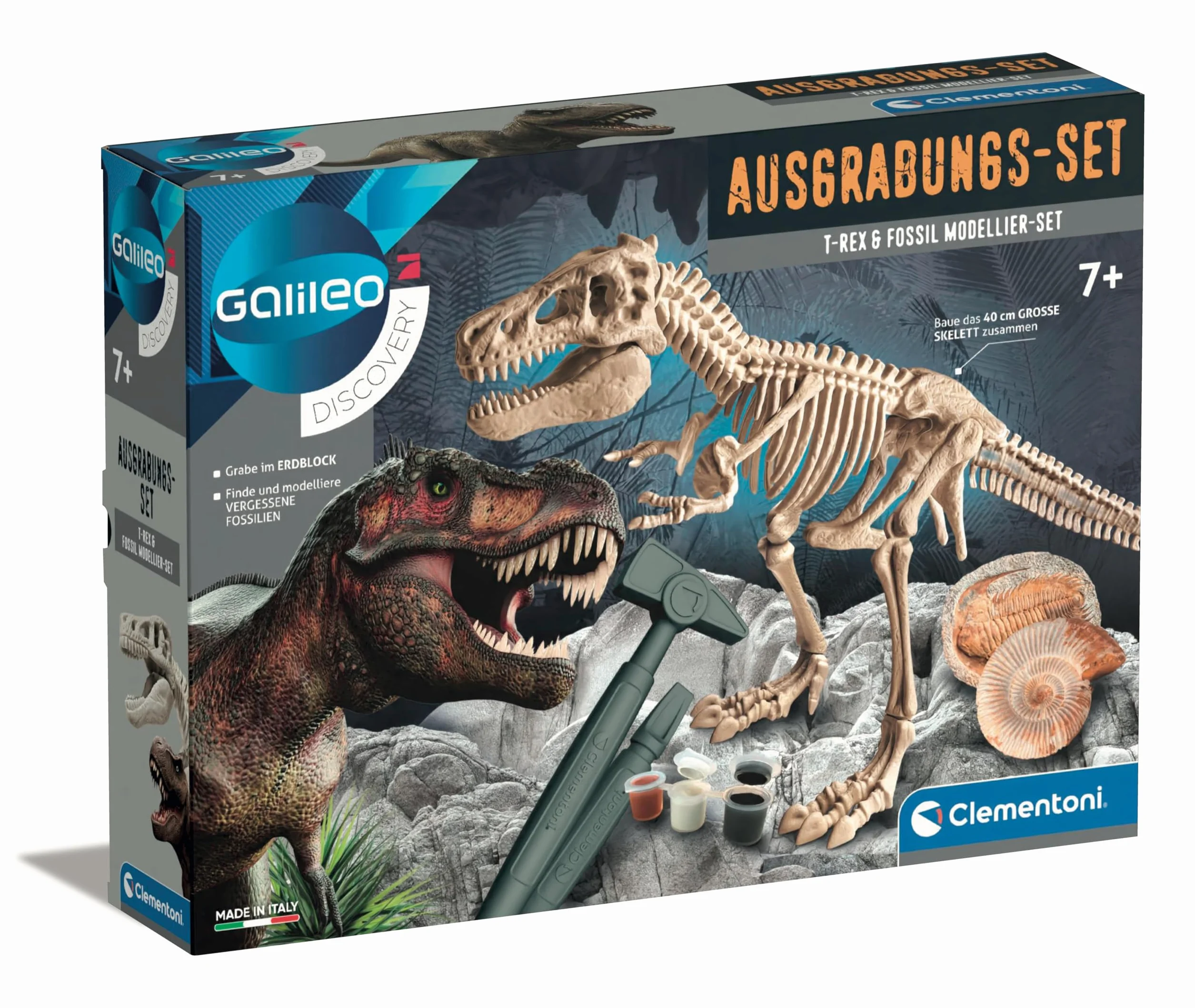 Clementoni Clementoni 59311 zestaw do modelowania Galileo Discovery - zestaw do modelowania T-Rex i Fossil - zestaw naukowców ze szkieletem dinozaura w zestawie młotek, dłuto i masa modelarska dla