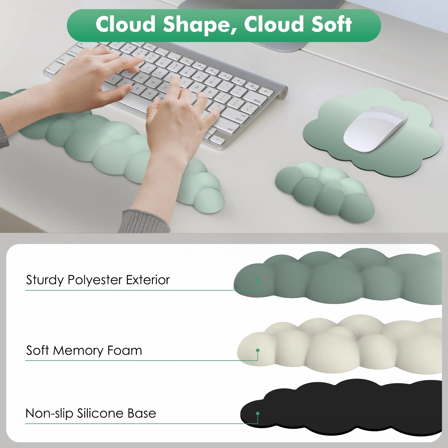 MoKo Cloud Wrist Rest Ergonomic Keyboard Wrist Support with Mouse Pad Durable Polyester Arm Rest Pad for Office Gaming Computer Laptop Green