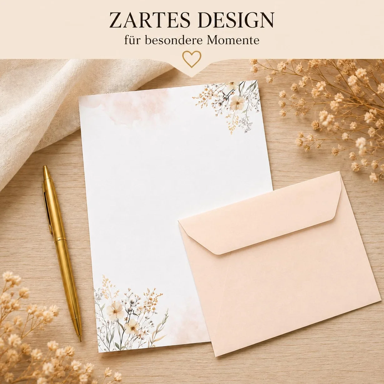 20x Papier listowy z motywem kwiatów z 10 kopertami w kolorze beżowym E&G Klasse dla dorosłych A4 Pastelowy beżowy Papier na zaproszenia Papier listowy w stylu przyrody Papier do korespondencji