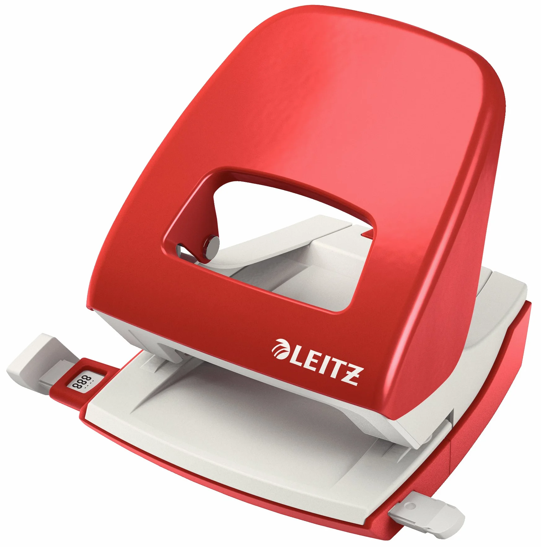 Leitz 50080025 dziurkacz biurowy z metalu, na 30 arkuszy, szyna ograniczająca z formatem, ergonomiczny design, czerwony, 50080025