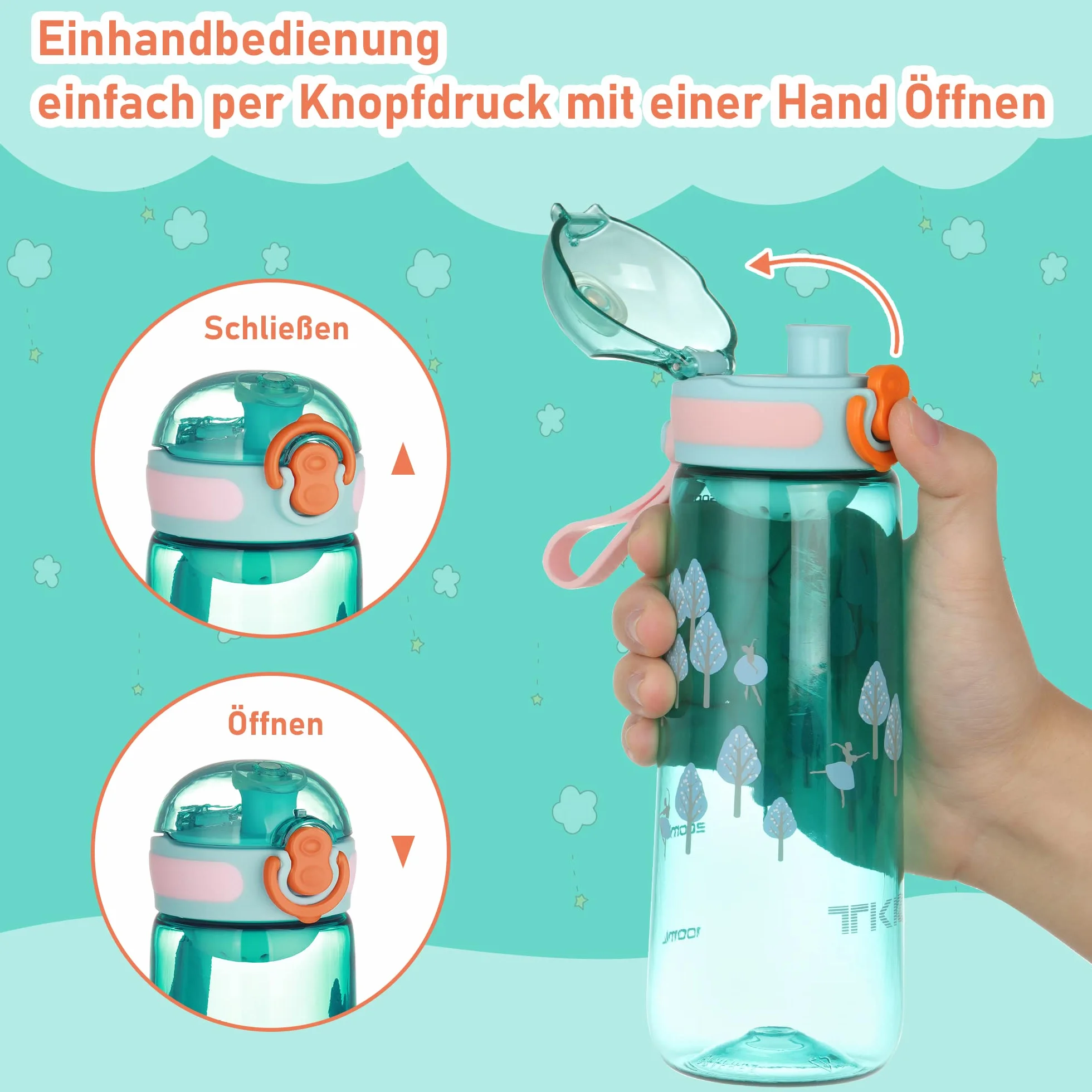 TITIROBA TKK butelka dla dzieci z szczelną pokrywką, tritan, bez BPA, obsługiwana jedną ręką, kolor niebieski, 500 ml
