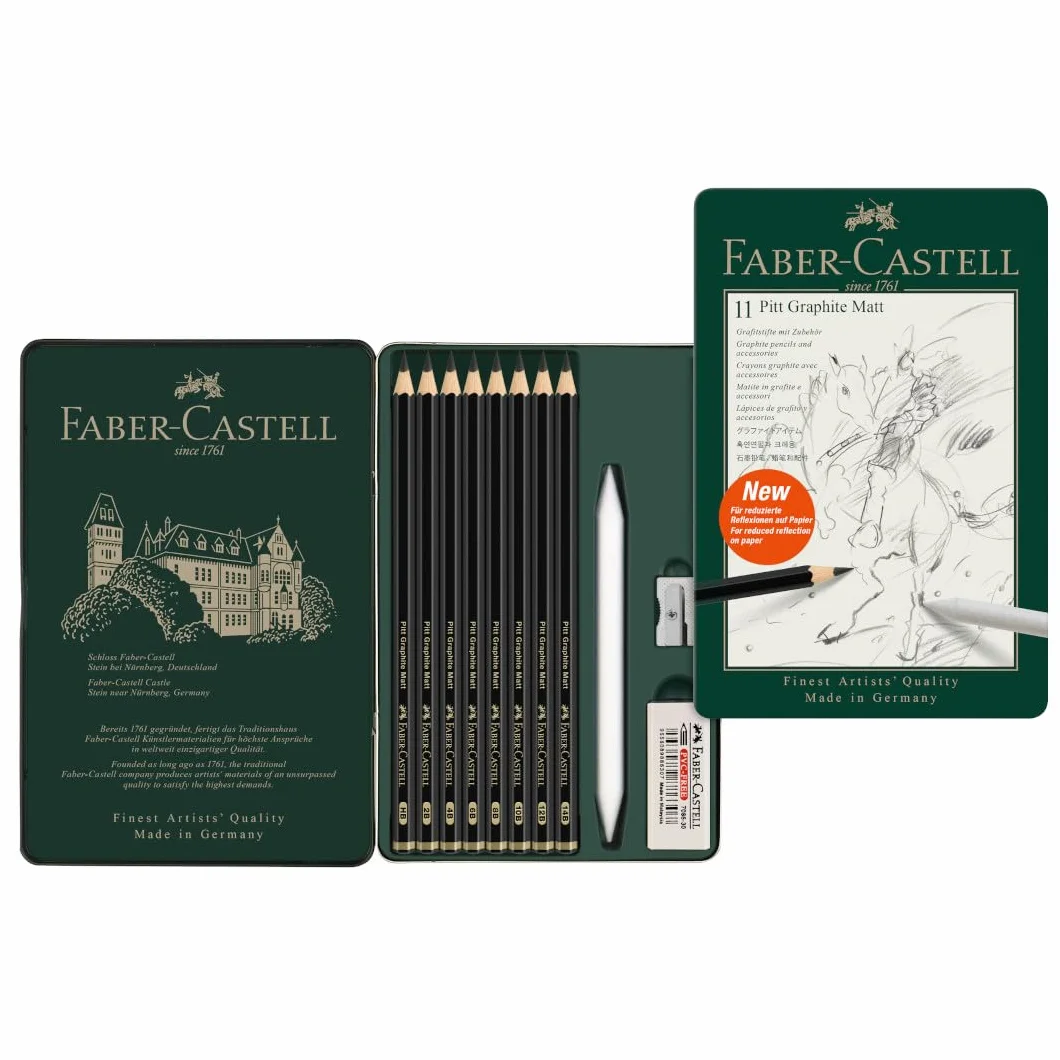 FABER-CASTELL 115220 – zestaw ołówków Pitt Graphite Matt, 11 sztuk, w zestawie z gumką do papieru, gumką do mazania i temperówką