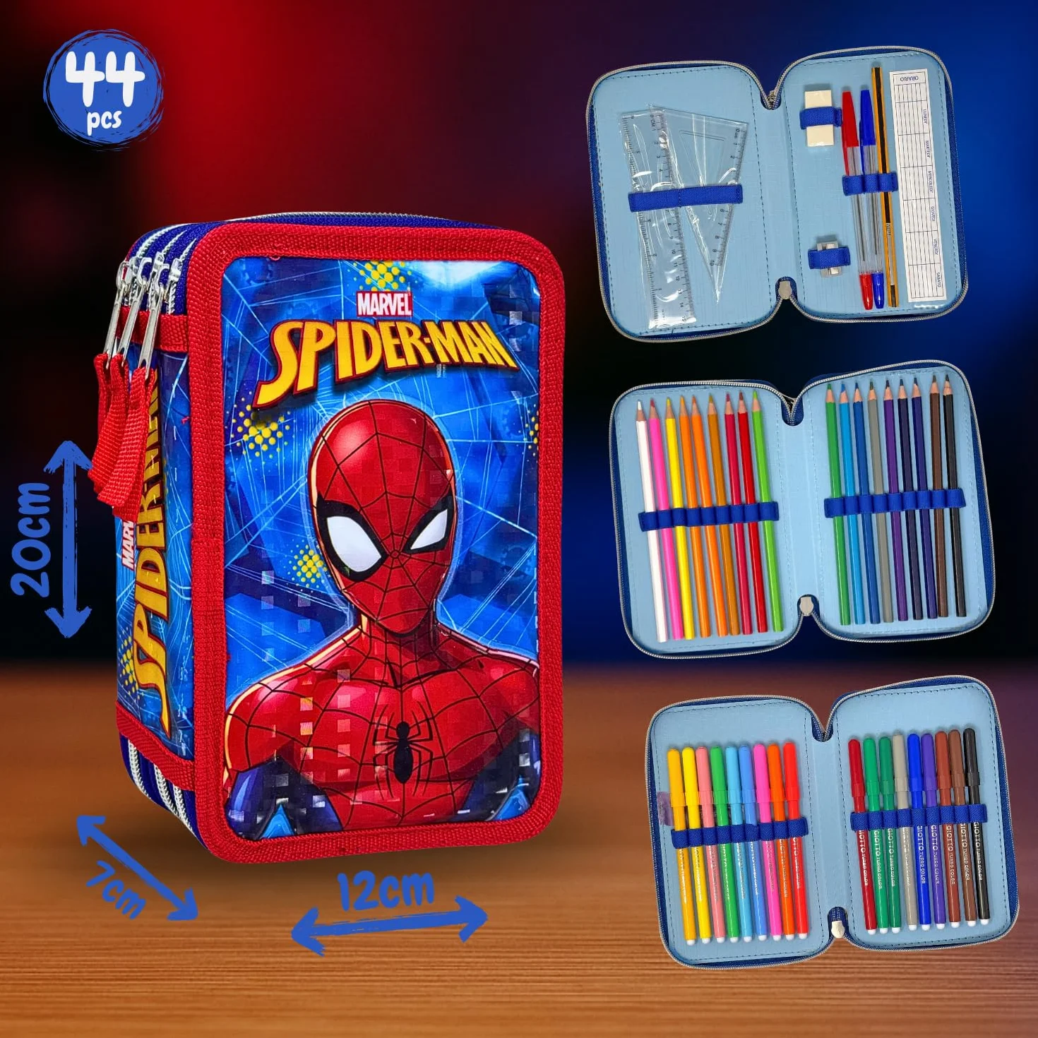 Piórnik 3D Spiderman 44 Elementy 3 Komory Czerwony Niebieski Zestaw Szkolny